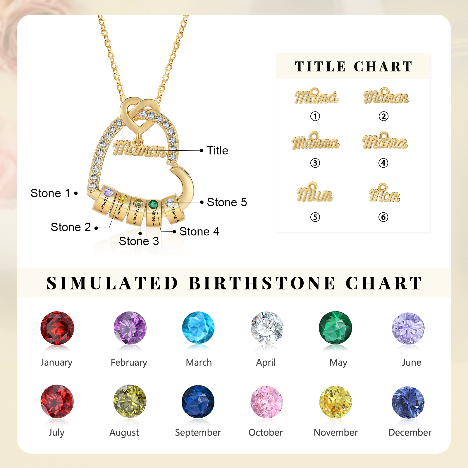 To my Mum/Mom Personalised Heart Necklace Custom 5 Birthstones and Names Mothers' Day Gift | Jessemade