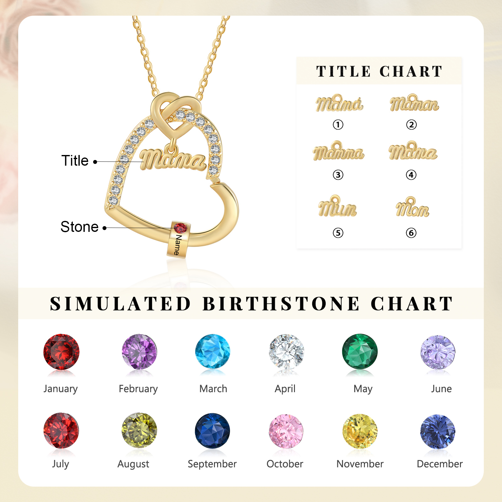 To my Mum/Mom Personalised Heart Necklace Custom 1 Birthstone and Name Mothers' Day Gift | Jessemade