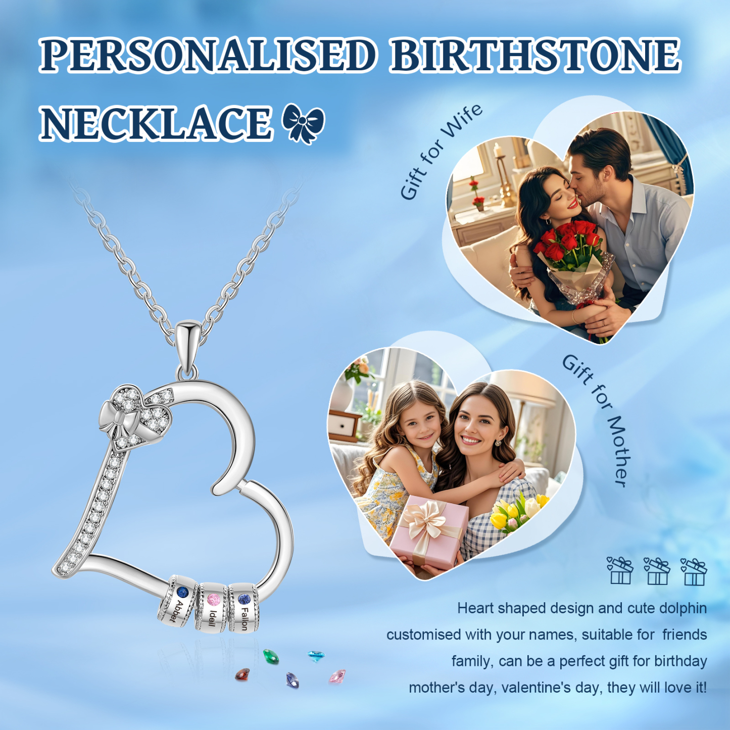 3 Names & 3 Birthstones Personalised Birthstone Bracelet – Infinity Family Heart Charm Jewellery | Jessemade