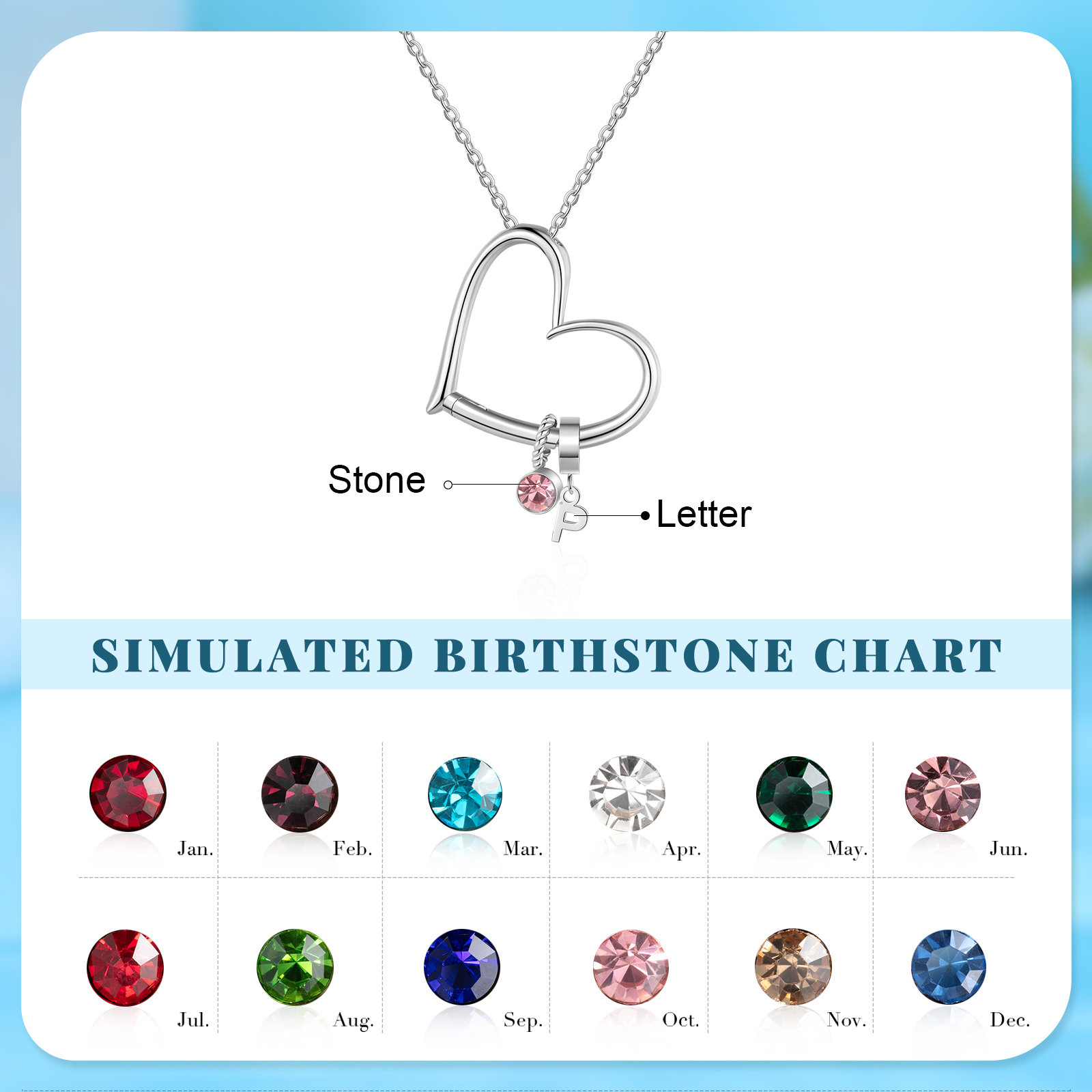 Personalised Heart Necklace Custom 1 lettre and  Birthstone - Personalised Gift for Her | Jessemade