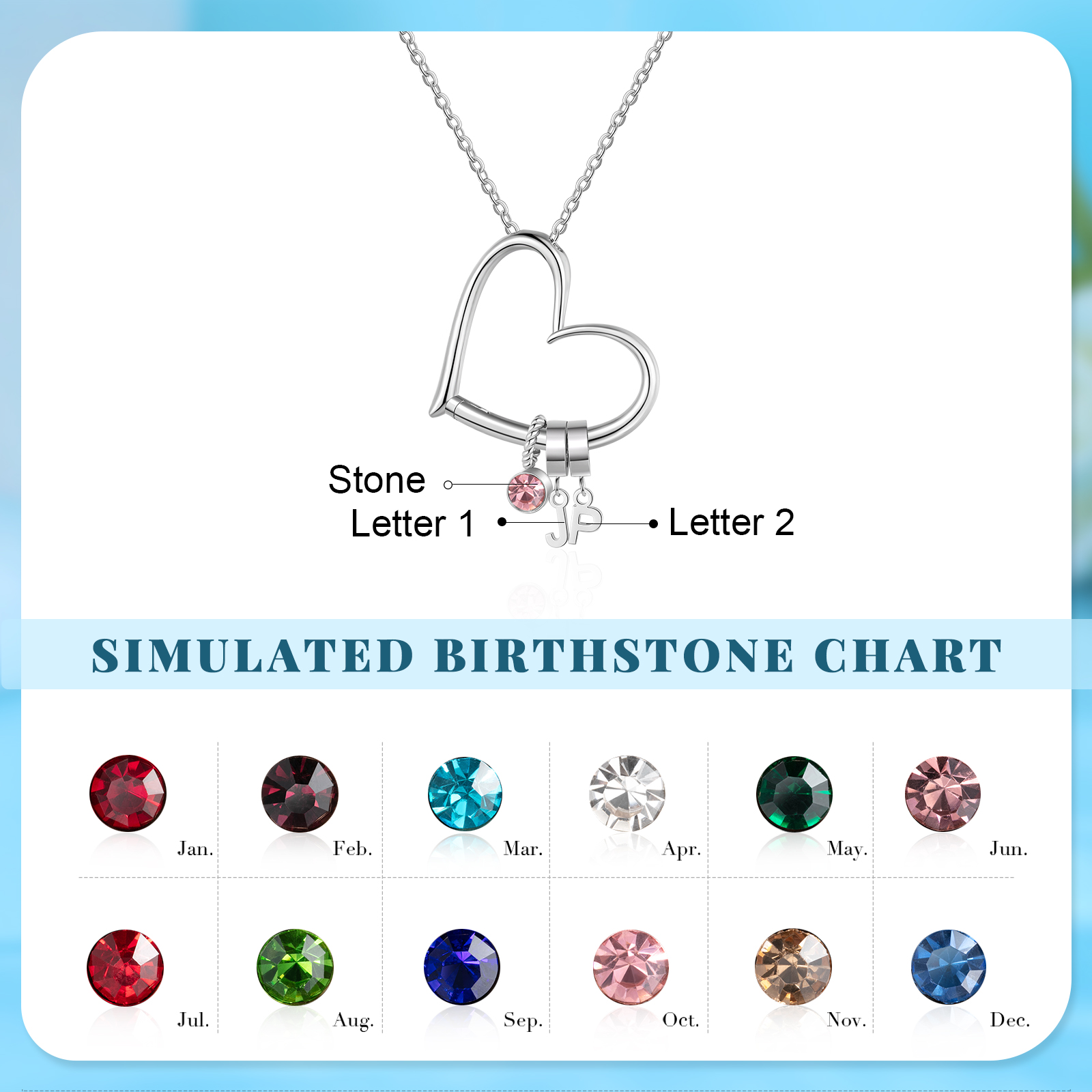 Personalised Heart Necklace Custom 2 lettres and  Birthstone - Personalised Gift for Her | Jessemade