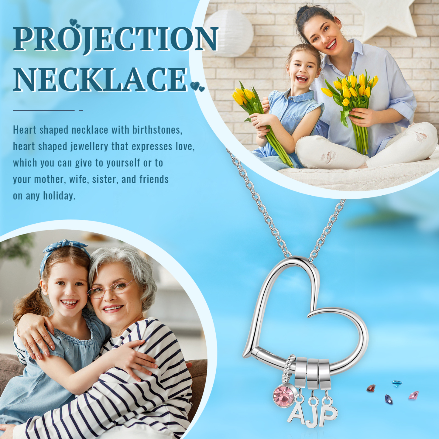 Personalised Heart Necklace Custom 3 lettres and  Birthstone - Personalised Gift for Her | Jessemade