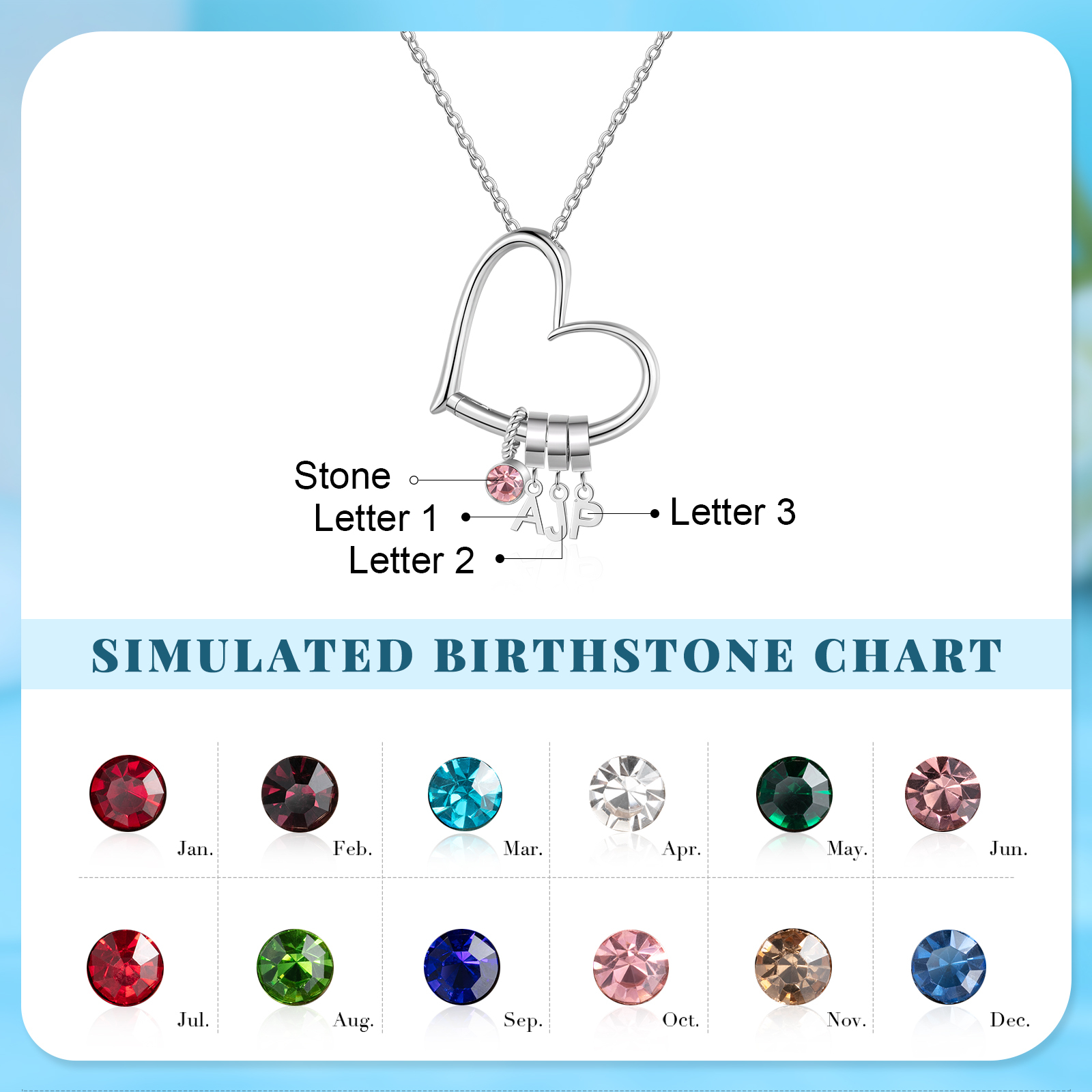 Personalised Heart Necklace Custom 3 lettres and  Birthstone - Personalised Gift for Her | Jessemade