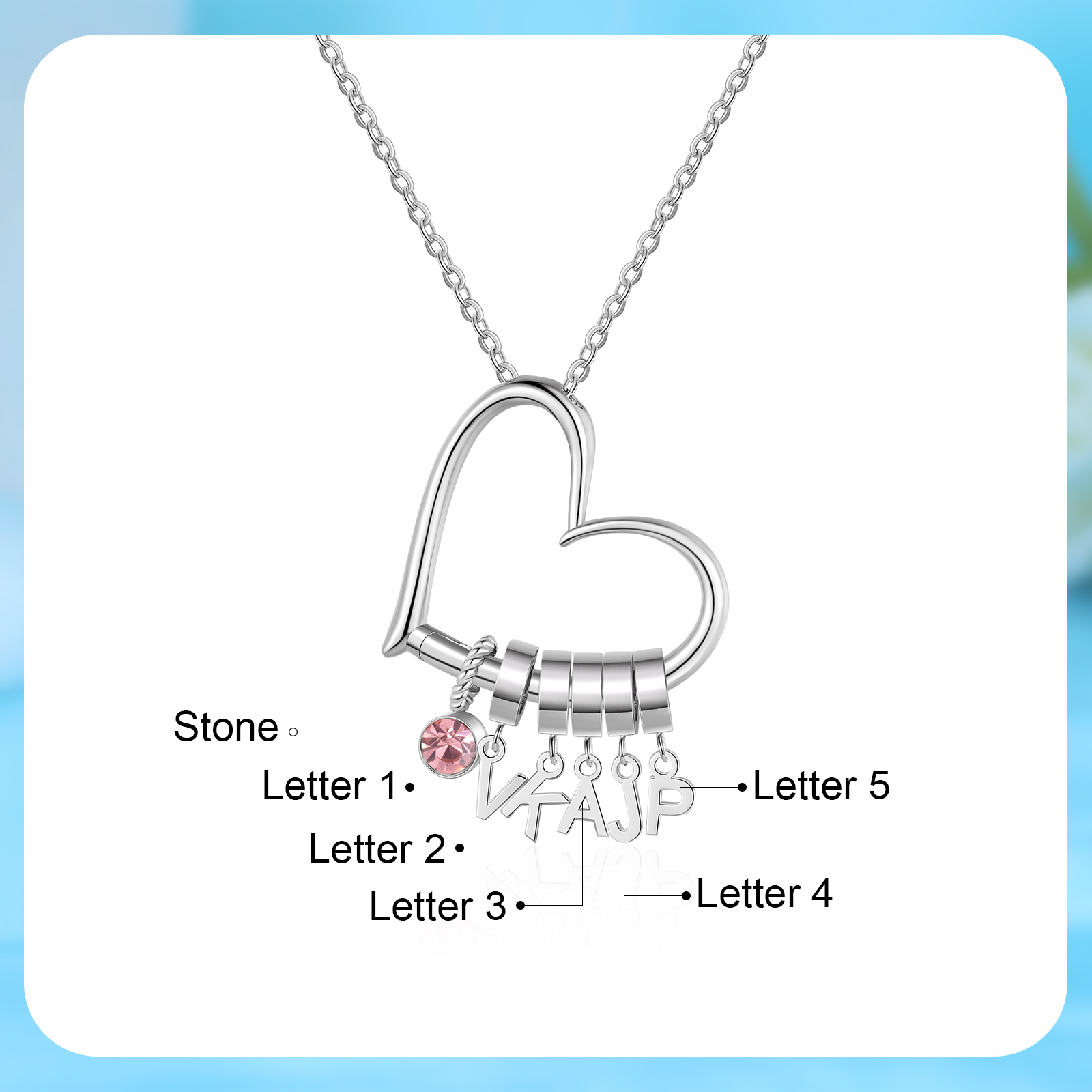 Personalised Heart Necklace Custom 5 lettres and  Birthstone - Personalised Gift for Her | Jessemade
