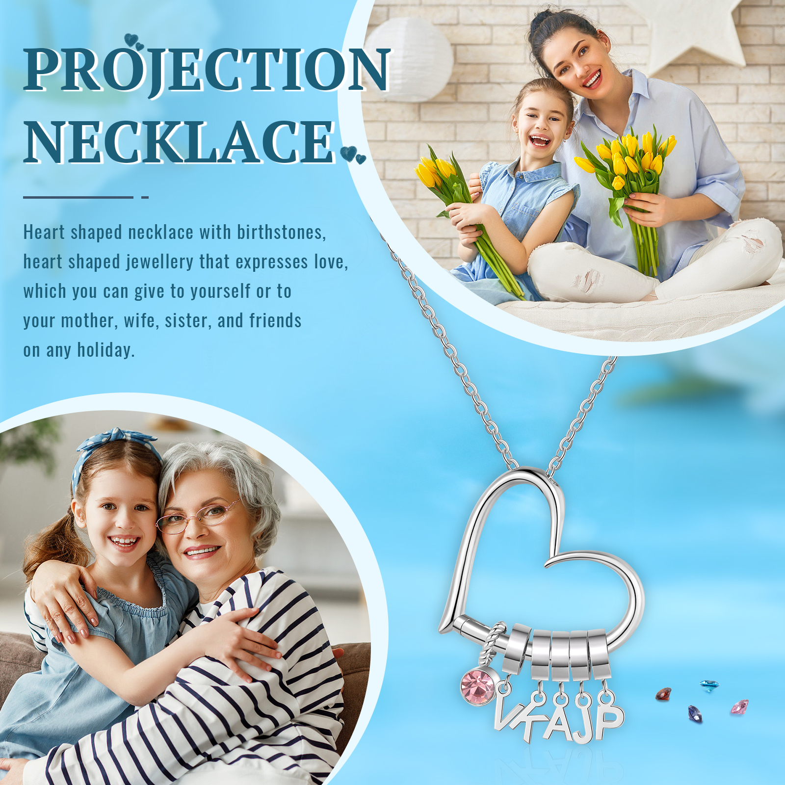 Personalised Heart Necklace Custom 5 lettres and  Birthstone - Personalised Gift for Her | Jessemade