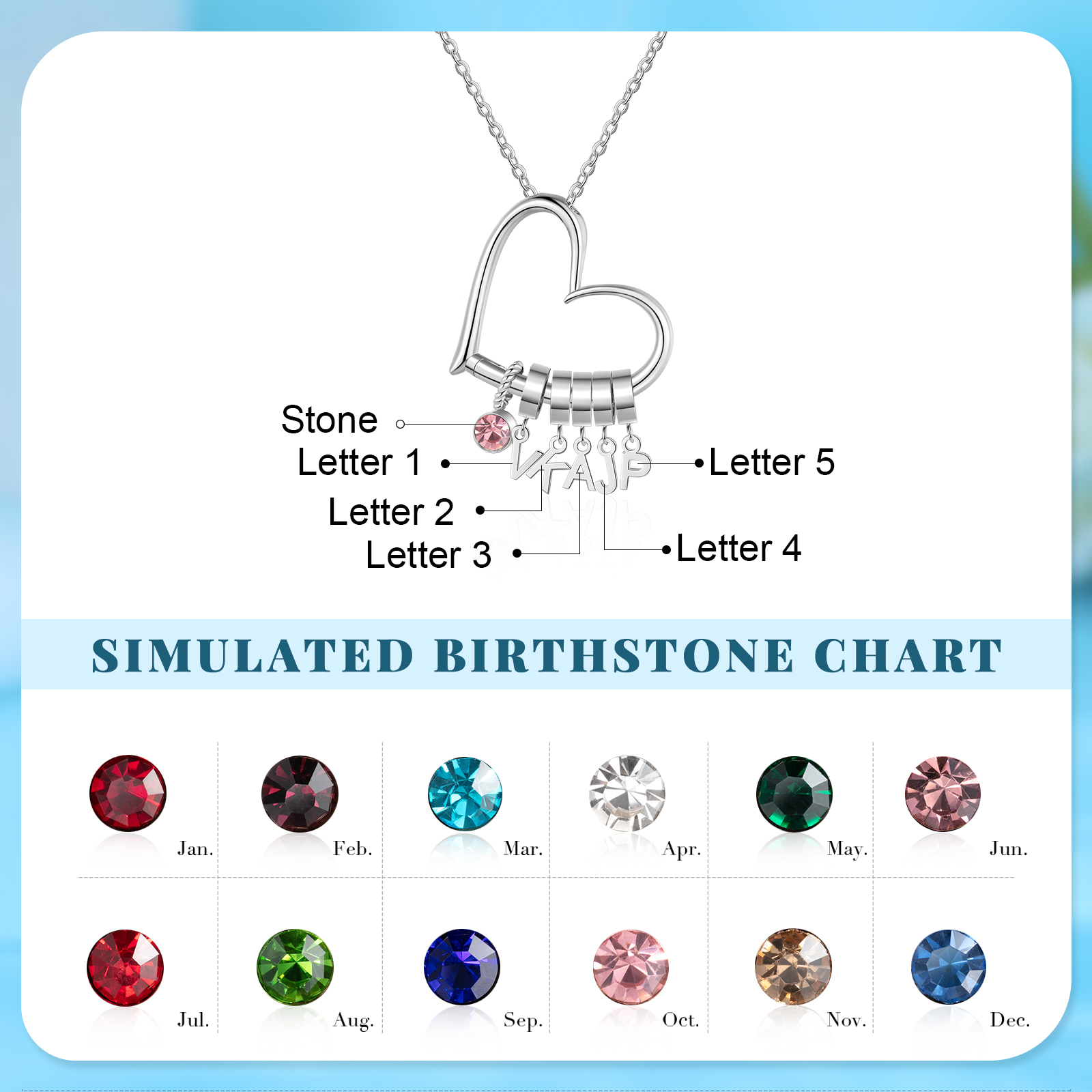 Personalised Heart Necklace Custom 5 lettres and  Birthstone - Personalised Gift for Her | Jessemade