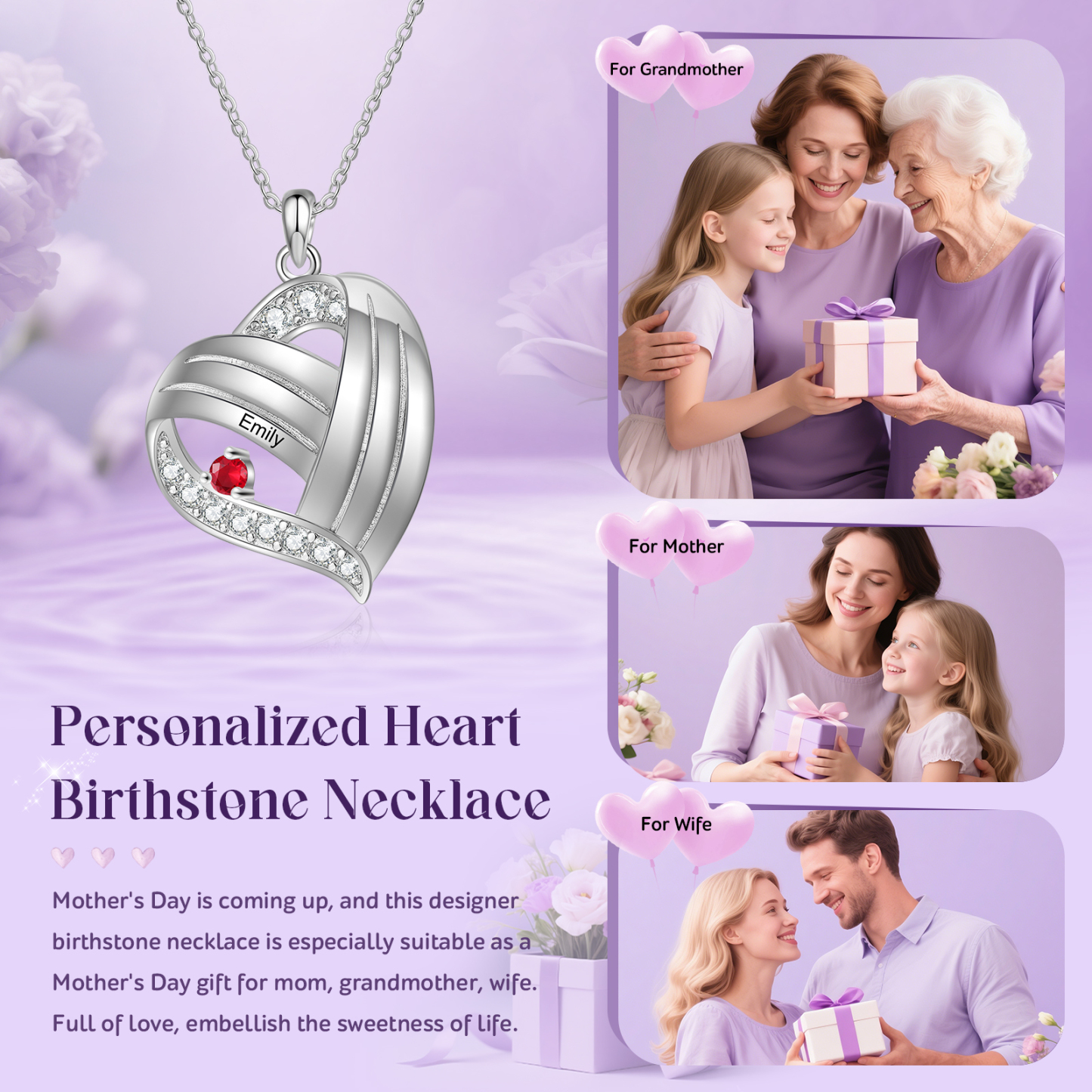 Personalised Heart Charm Necklace with 1 Name & 1 Birthstone Gift For Women | Jessemade