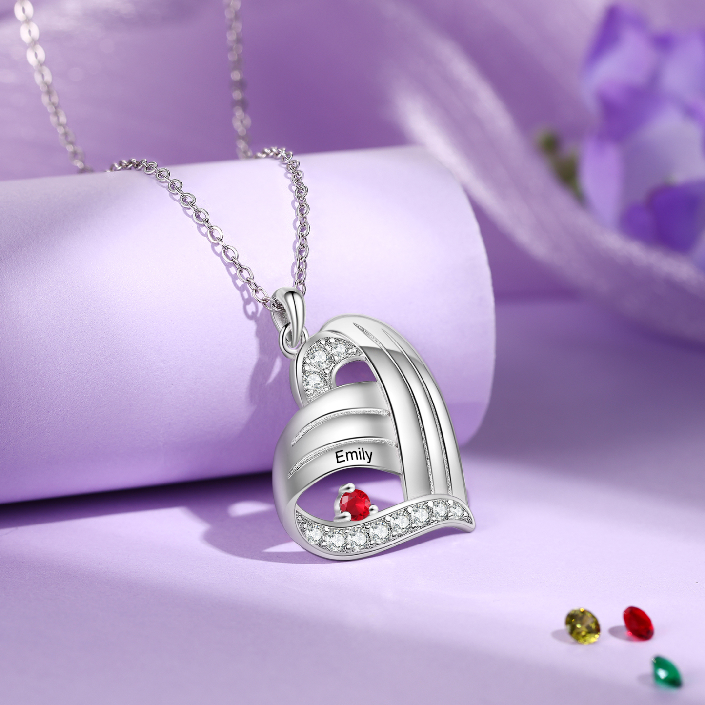 Personalised Heart Charm Necklace with 1 Name & 1 Birthstone Gift For Women | Jessemade