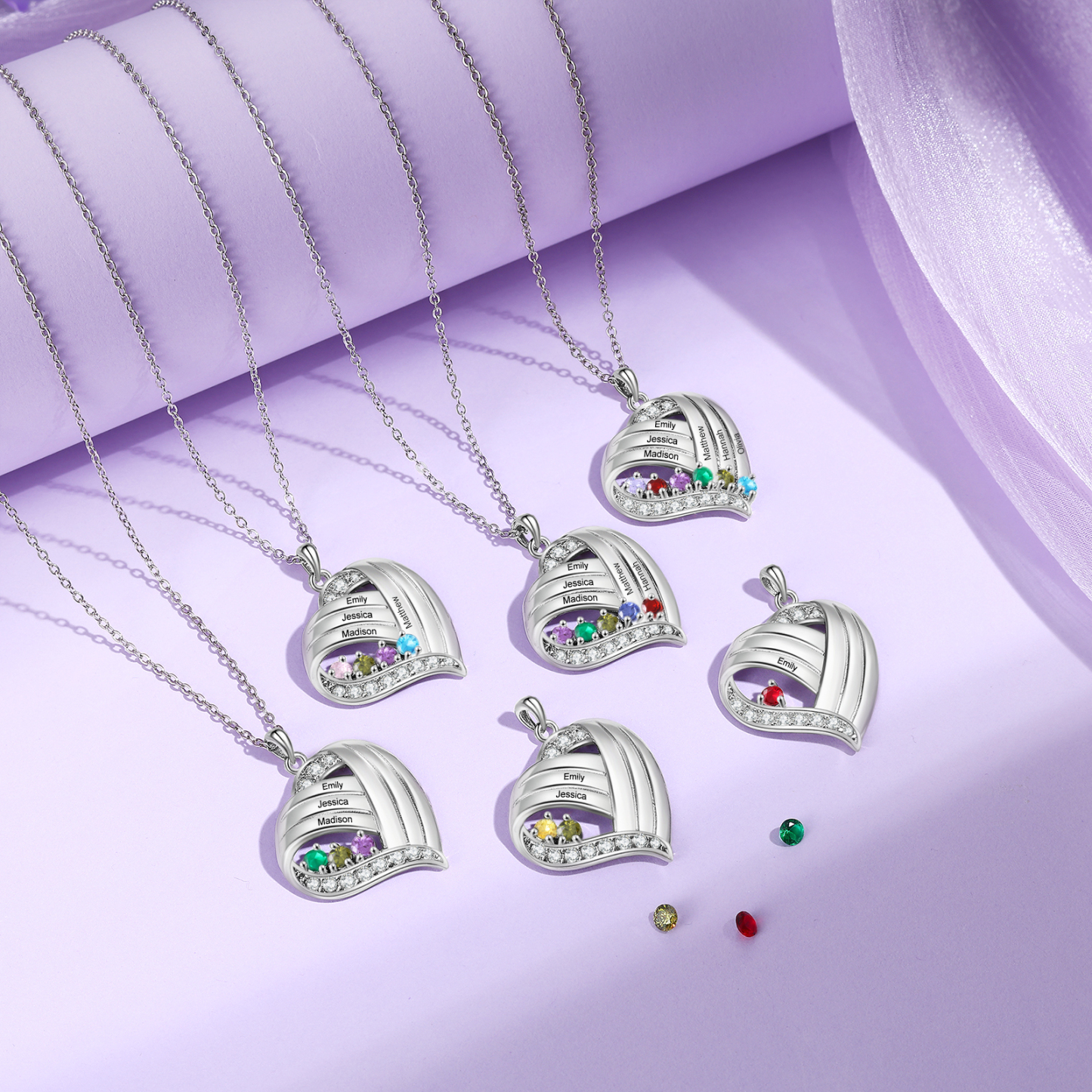 Personalised Heart Charm Necklace with 6 Names & 6 Birthstones Gift For Women | Jessemade
