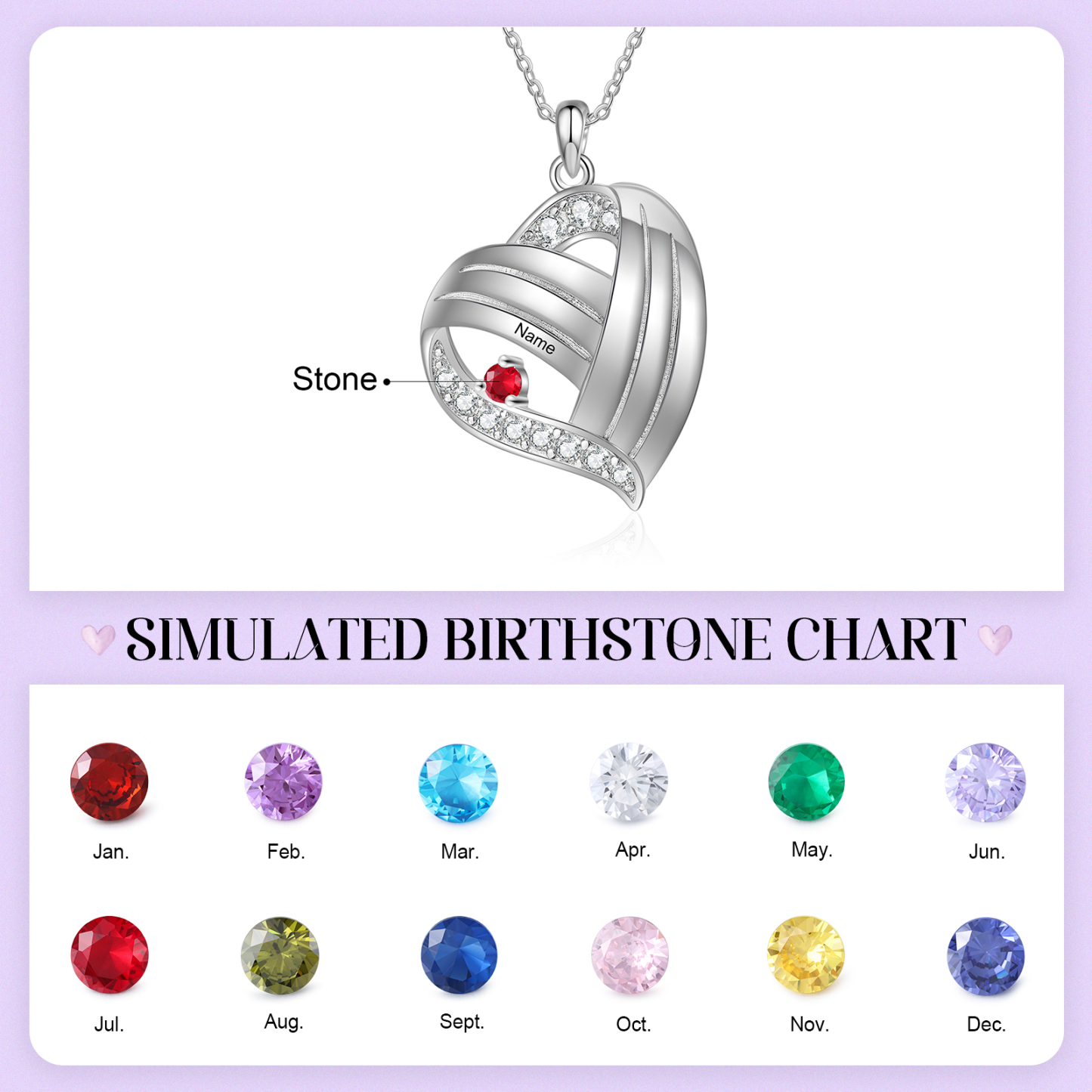 Personalised Heart Charm Necklace with 1 Name & 1 Birthstone Gift For Women | Jessemade