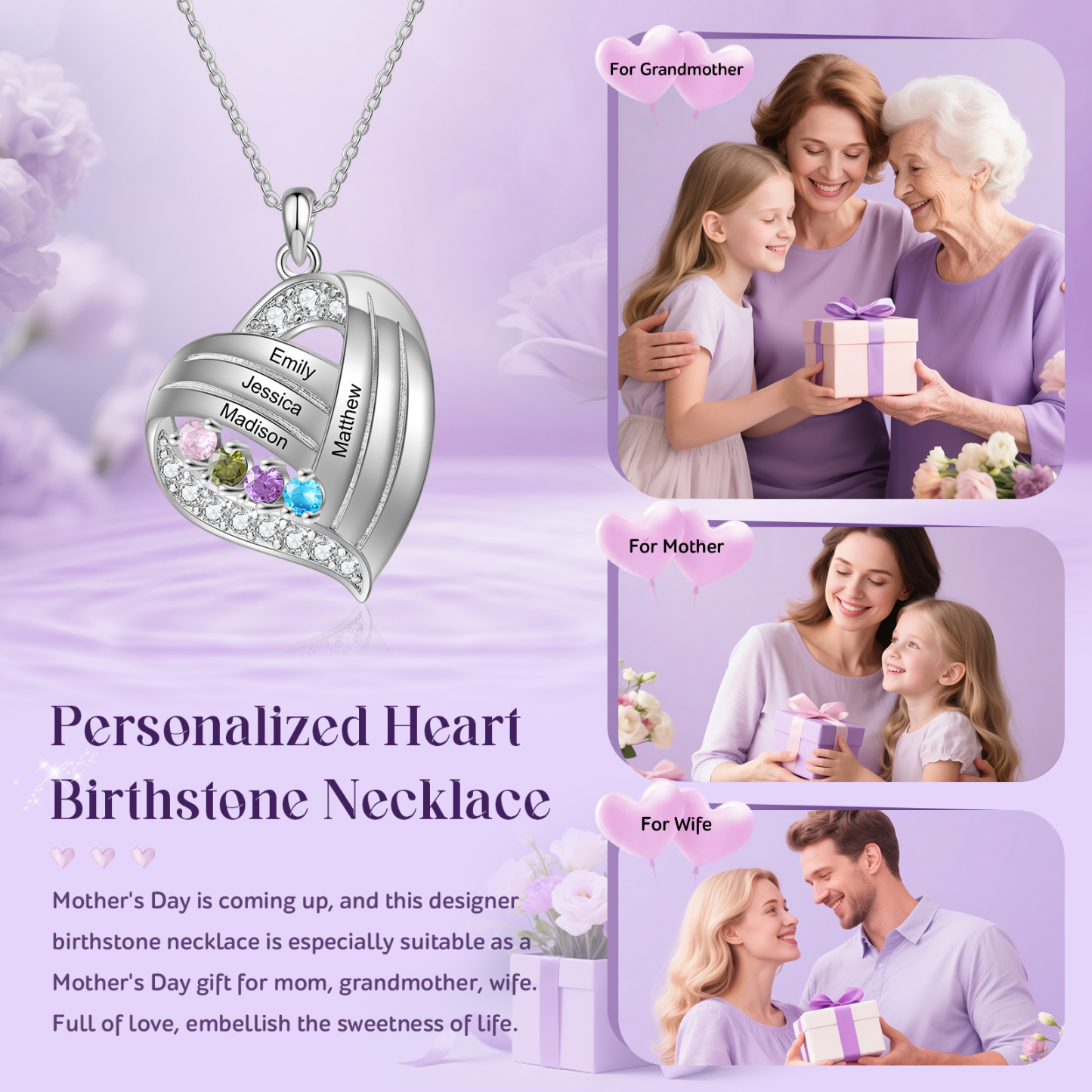 Personalised Heart Charm Necklace with 4 Names & 4 Birthstones Gift For Women | Jessemade