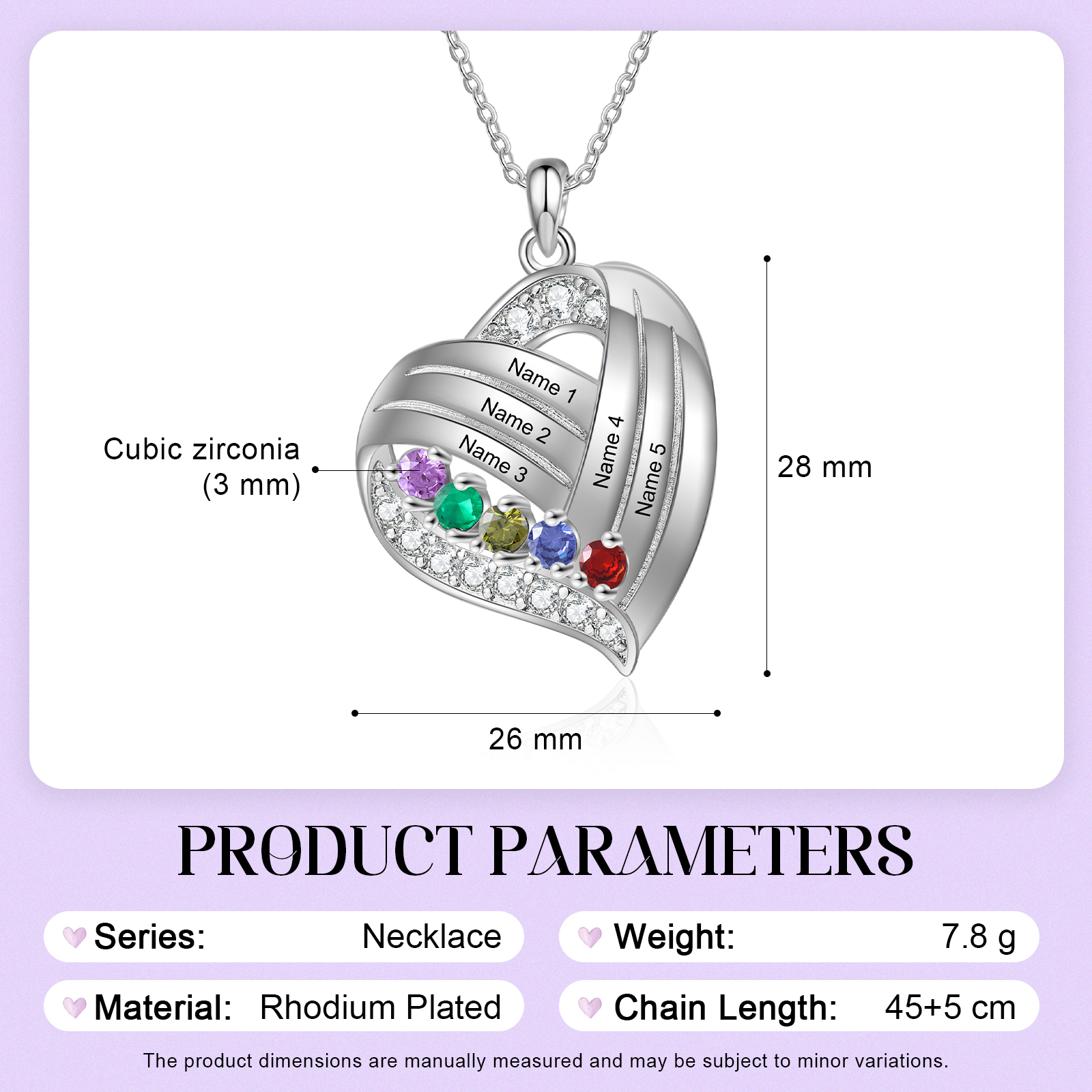Personalised Heart Charm Necklace with 5 Names & 5 Birthstones Gift For Women | Jessemade