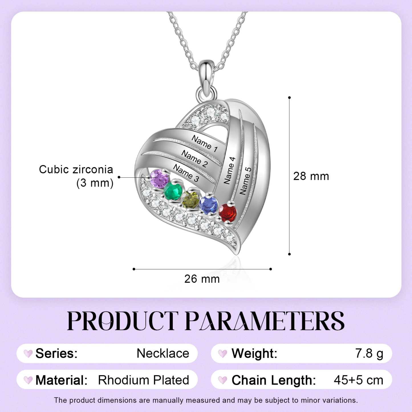Personalised Heart Charm Necklace with 5 Names & 5 Birthstones Gift For Women | Jessemade