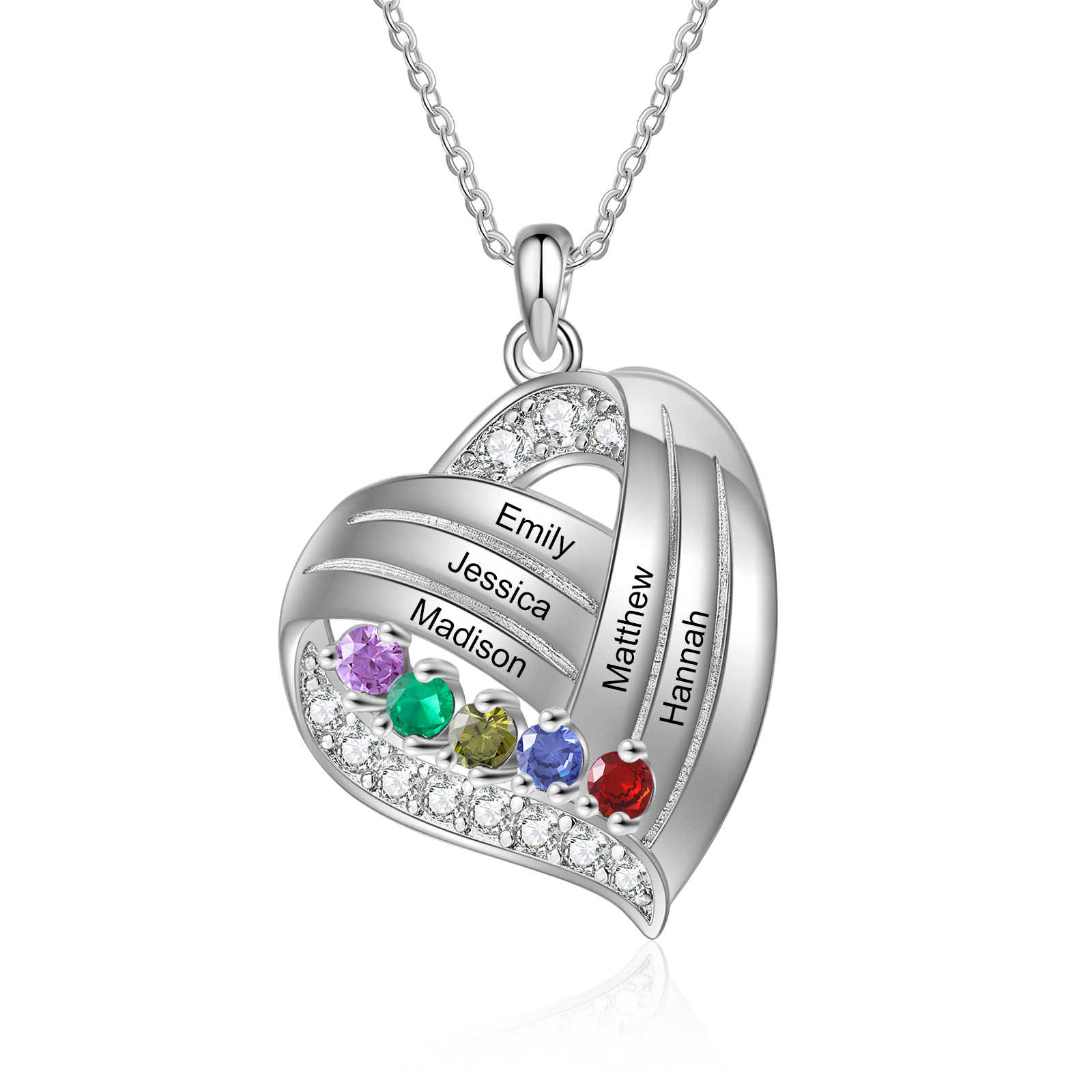 Personalised Heart Charm Necklace with 5 Names & 5 Birthstones Gift For Women | Jessemade