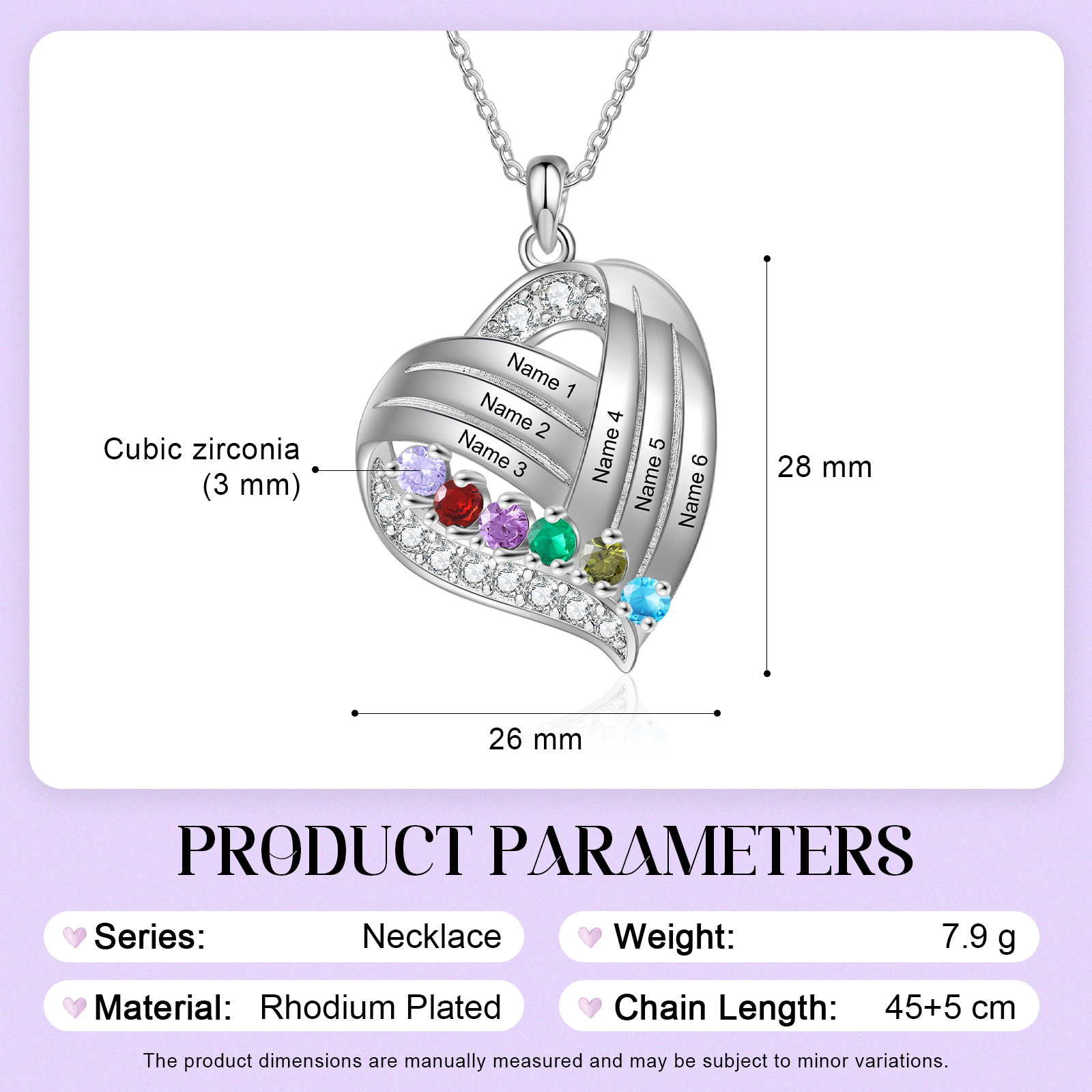 Personalised Heart Charm Necklace with 6 Names & 6 Birthstones Gift For Women | Jessemade