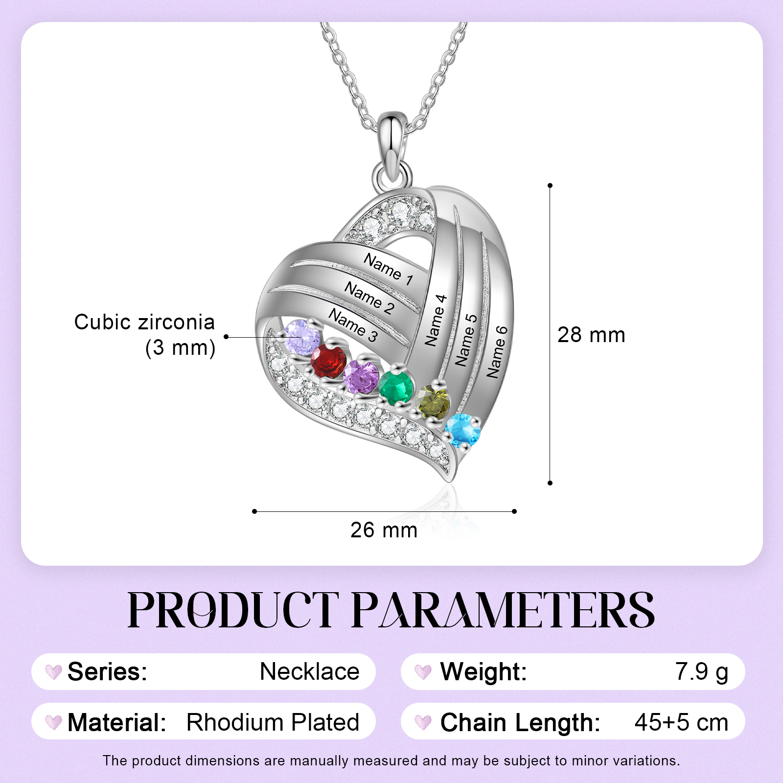 Personalised Heart Charm Necklace with 6 Names & 6 Birthstones Gift For Women | Jessemade