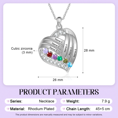 Personalised Heart Charm Necklace with 6 Names & 6 Birthstones Gift For Women | Jessemade