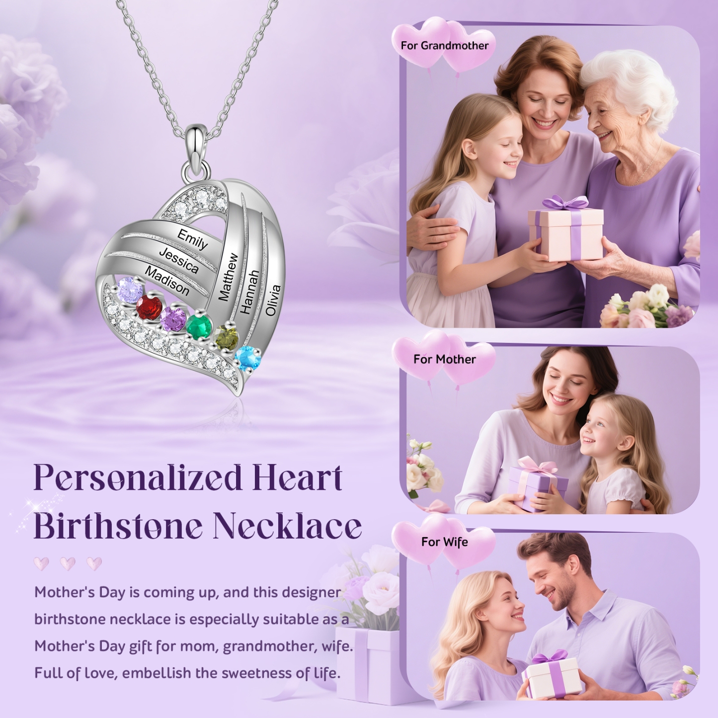 Personalised Heart Charm Necklace with 6 Names & 6 Birthstones Gift For Women | Jessemade