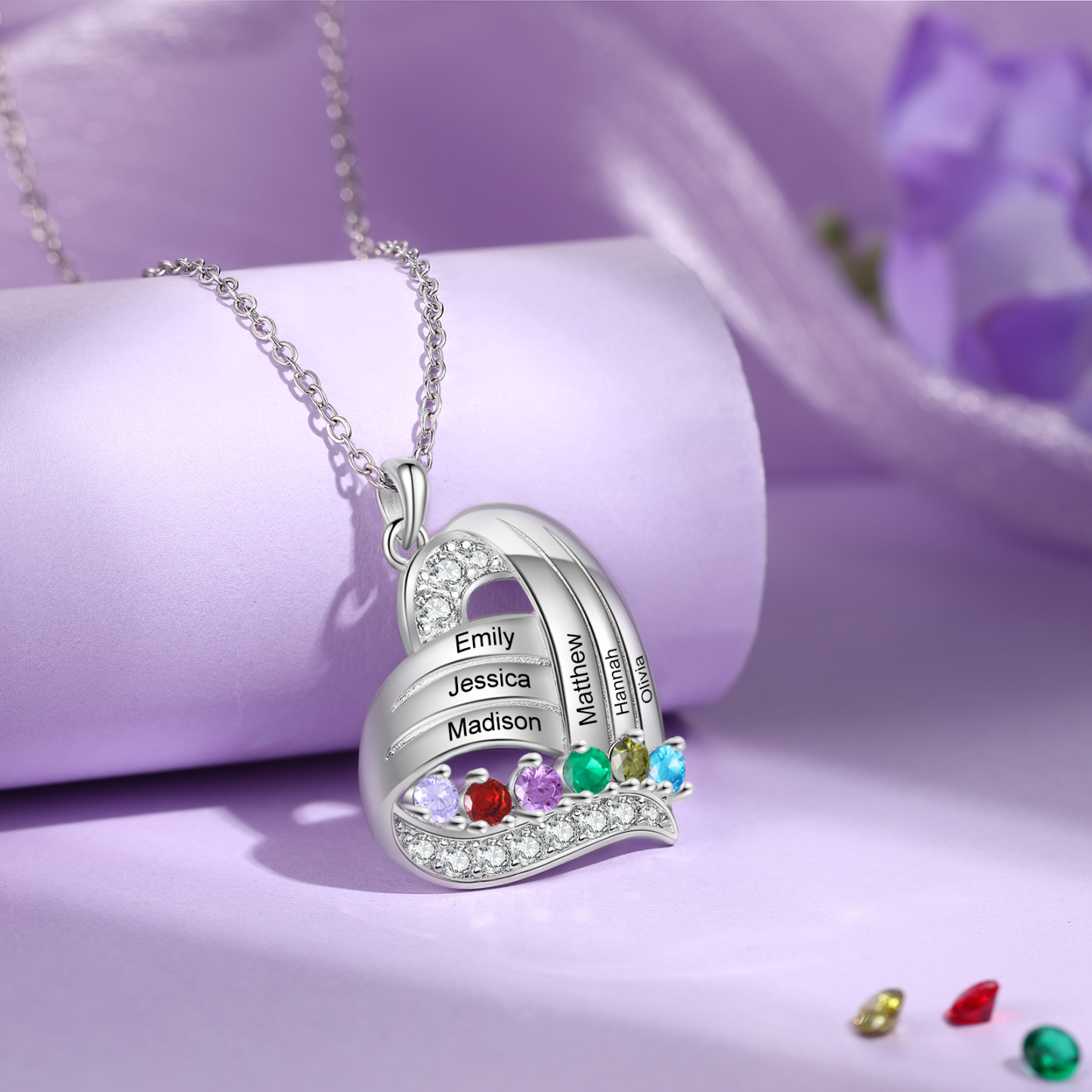 Personalised Heart Charm Necklace with 6 Names & 6 Birthstones Gift For Women | Jessemade