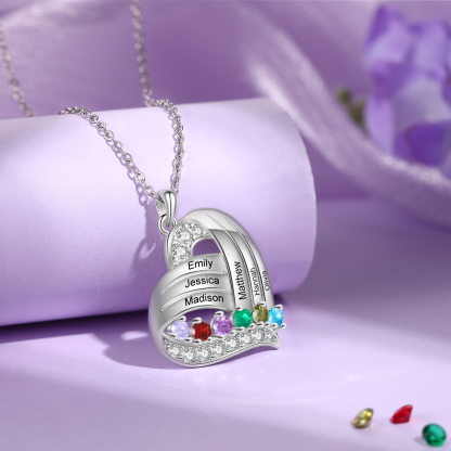 Personalised Heart Charm Necklace with 6 Names & 6 Birthstones Gift For Women | Jessemade