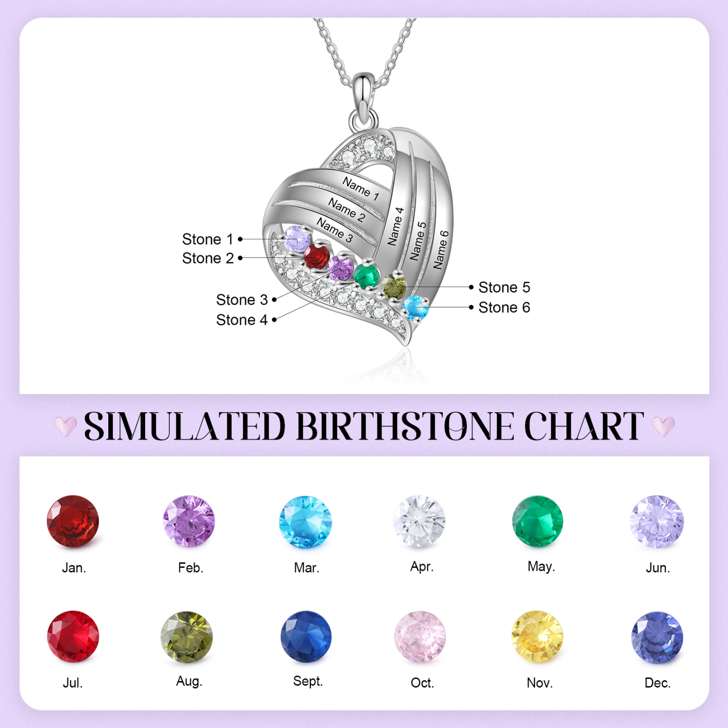 Personalised Heart Charm Necklace with 6 Names & 6 Birthstones Gift For Women | Jessemade
