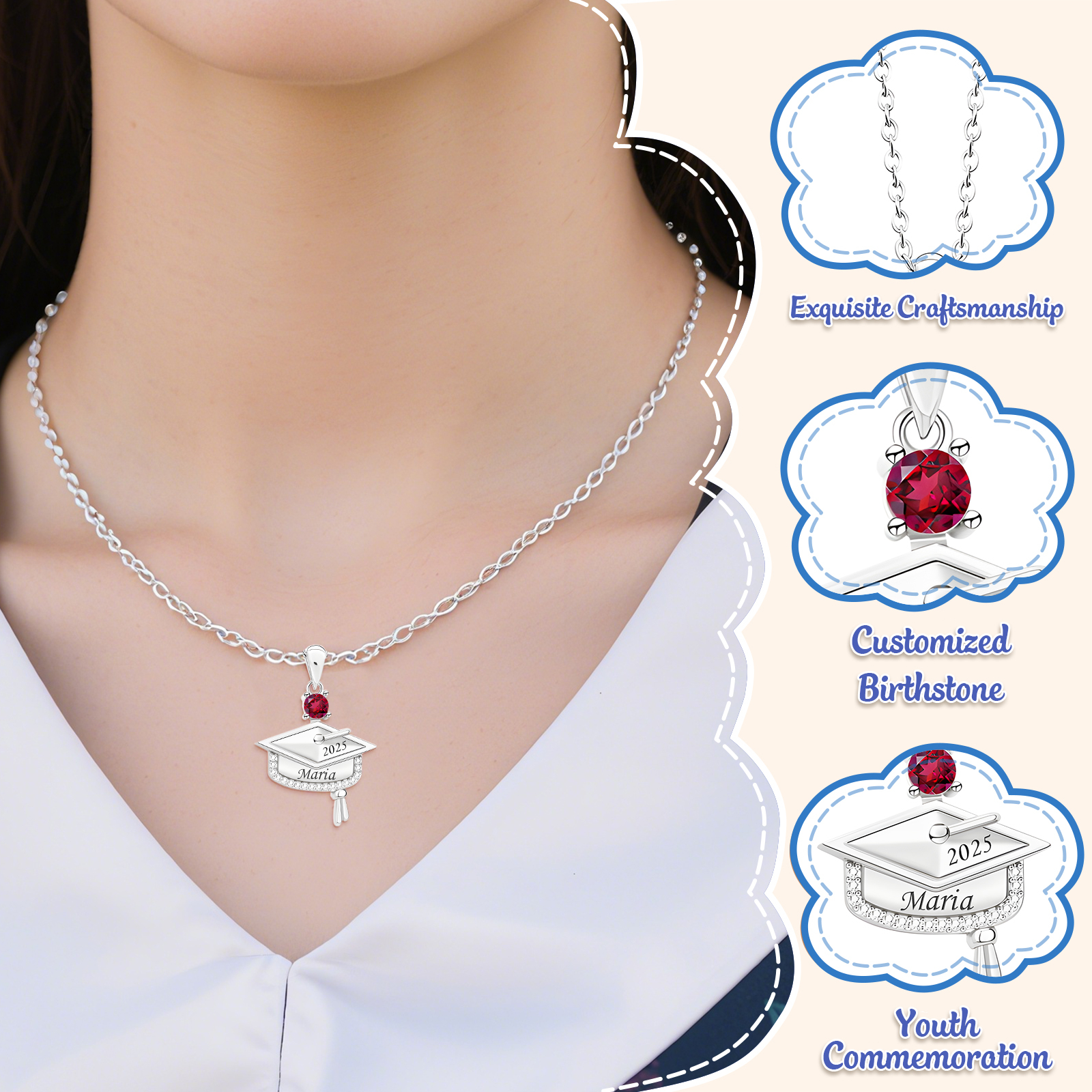 Personalised Graduation Necklace with Name & Birthstone - Graduation Box Set Gift | Jessemade