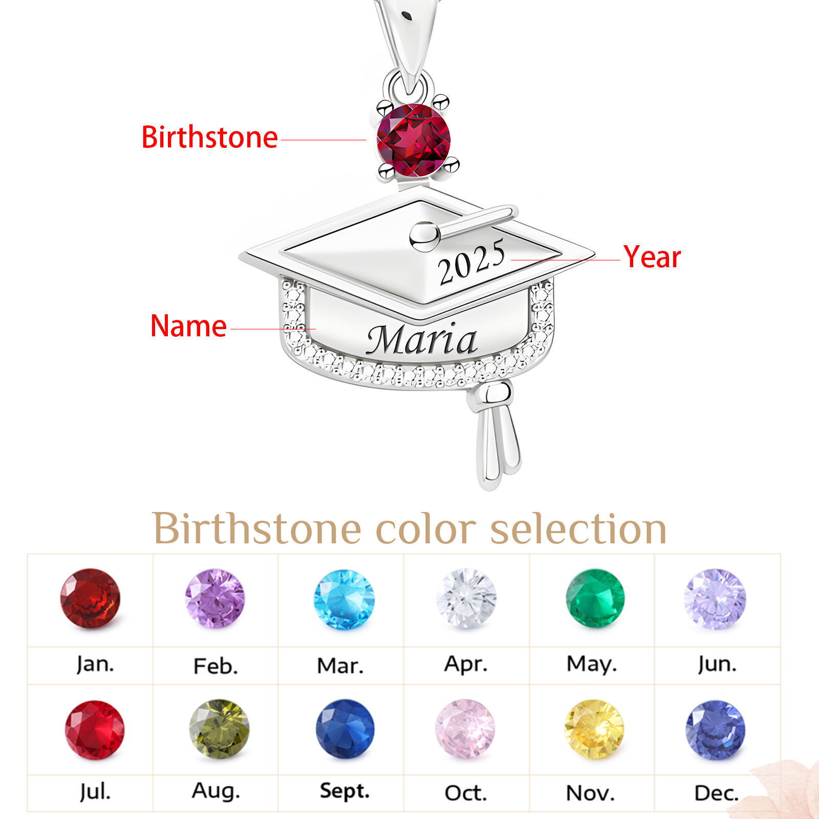 Personalised Graduation Necklace with Name & Birthstone - Graduation Box Set Gift | Jessemade