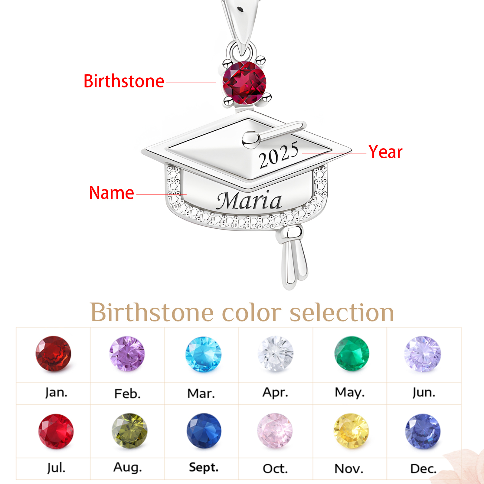 Personalised Graduation Necklace with Name & Birthstone - Graduation Box Set Gift | Jessemade