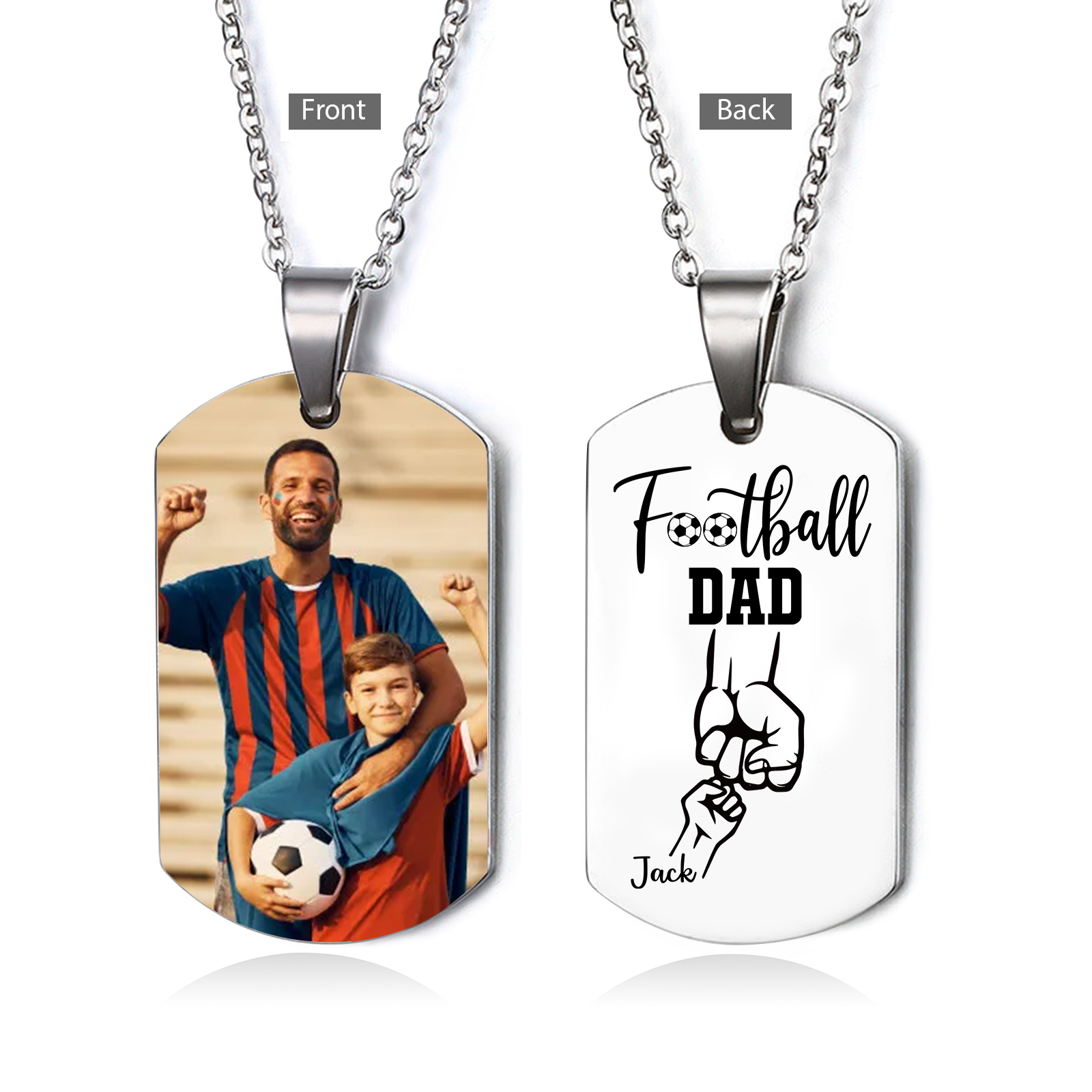 Personalised Football Dad Photo Necklace – Custom Fist Bump Pendant with 1 Children’s Names | Jessemade