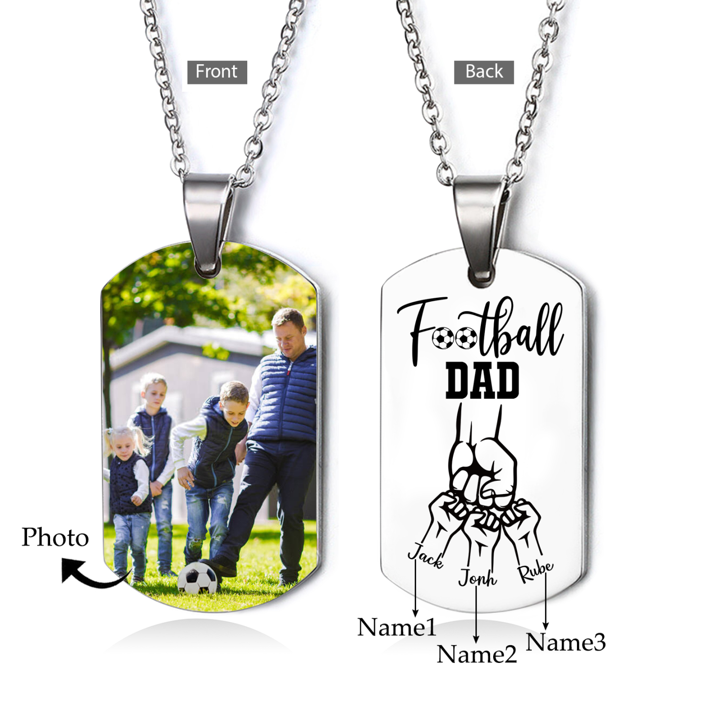 Personalised Football Dad Photo Necklace – Custom Fist Bump Pendant with 3 Kids' Names | Jessemade