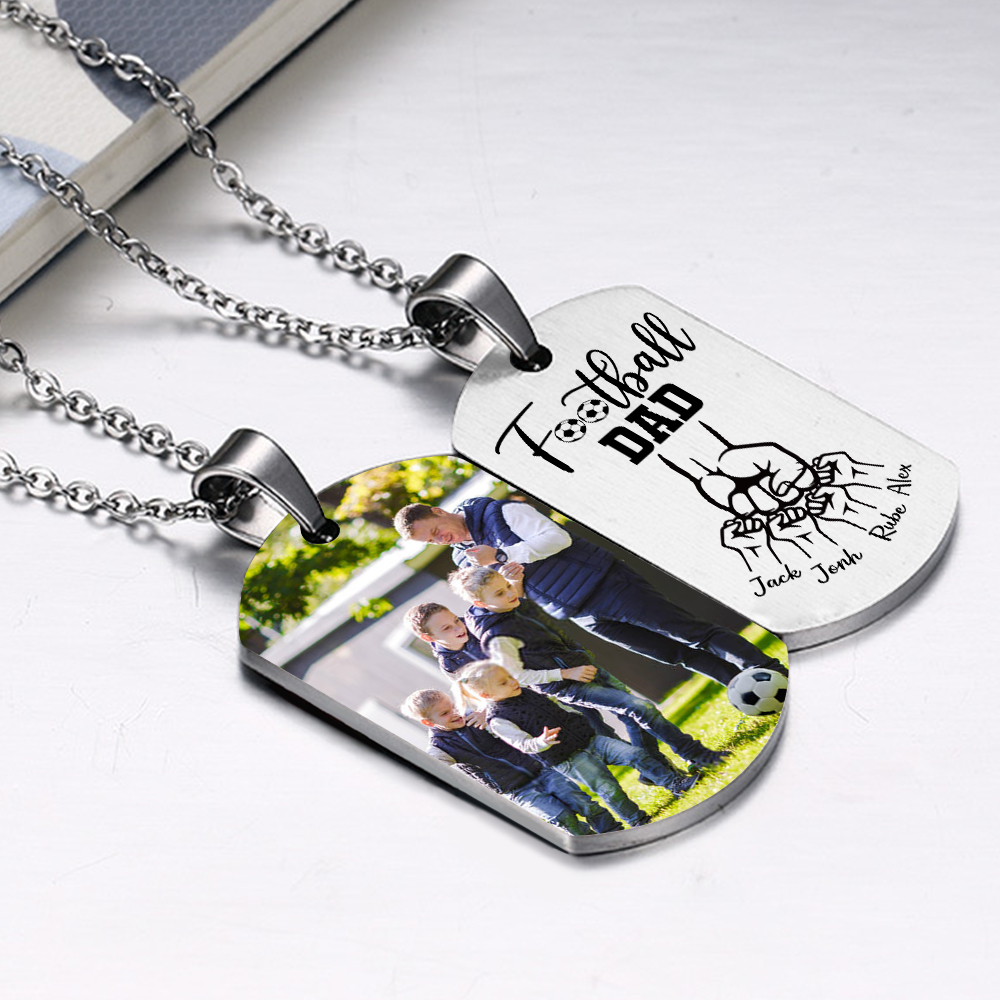 Personalised Football Dad Photo Necklace – Custom Fist Bump Pendant with 4 Kids' Names | Jessemade
