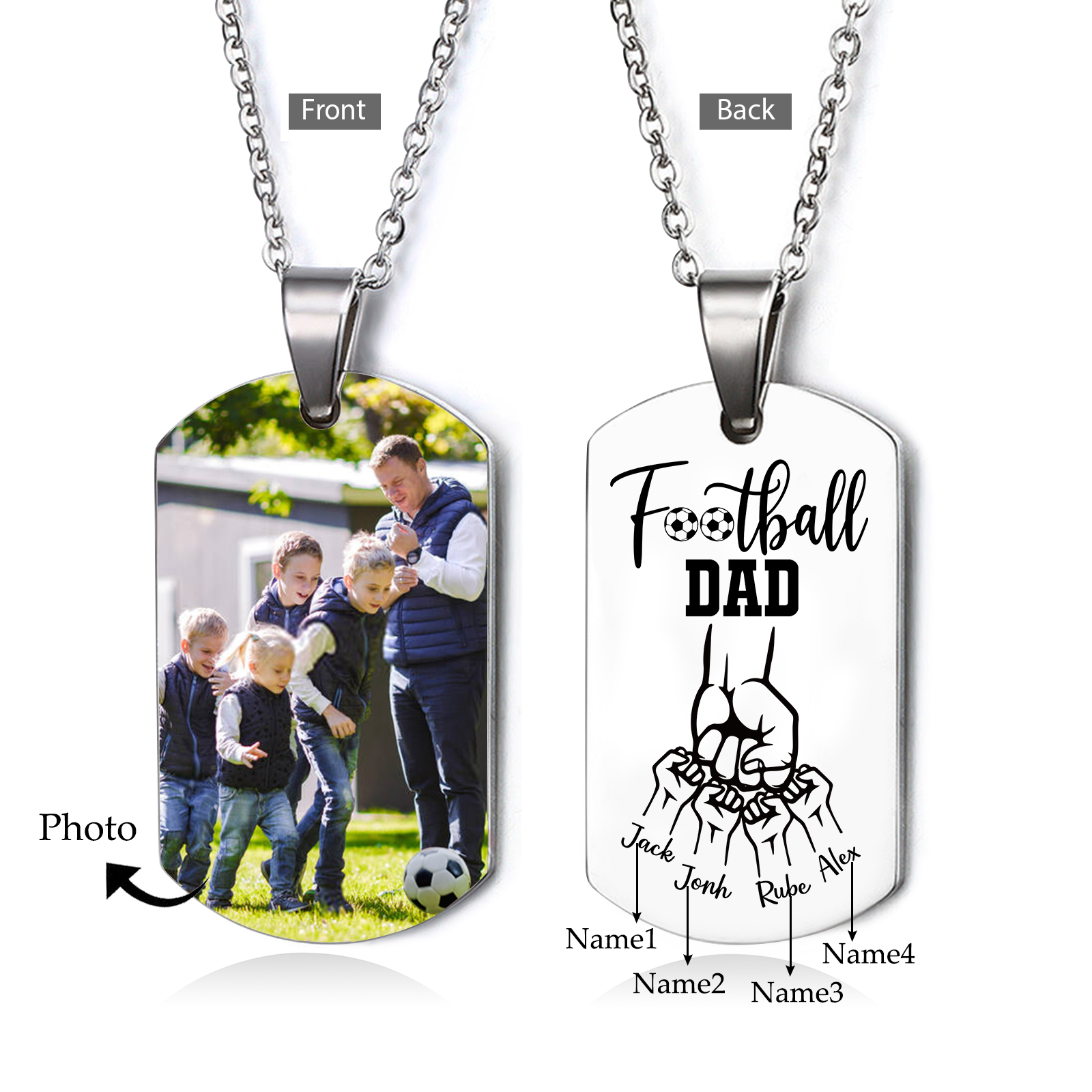 Personalised Football Dad Photo Necklace – Custom Fist Bump Pendant with 4 Kids' Names | Jessemade