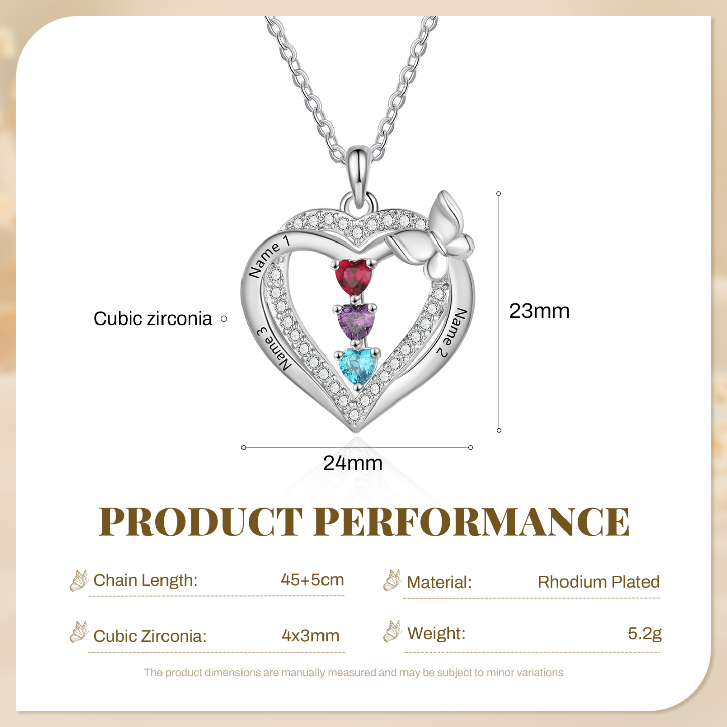 Personalised 1-3 Names Butterfly Heart Birthstone Necklace
