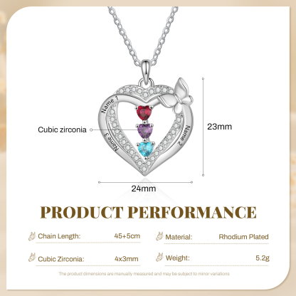 Personalised 1-3 Names Butterfly Heart Birthstone Necklace