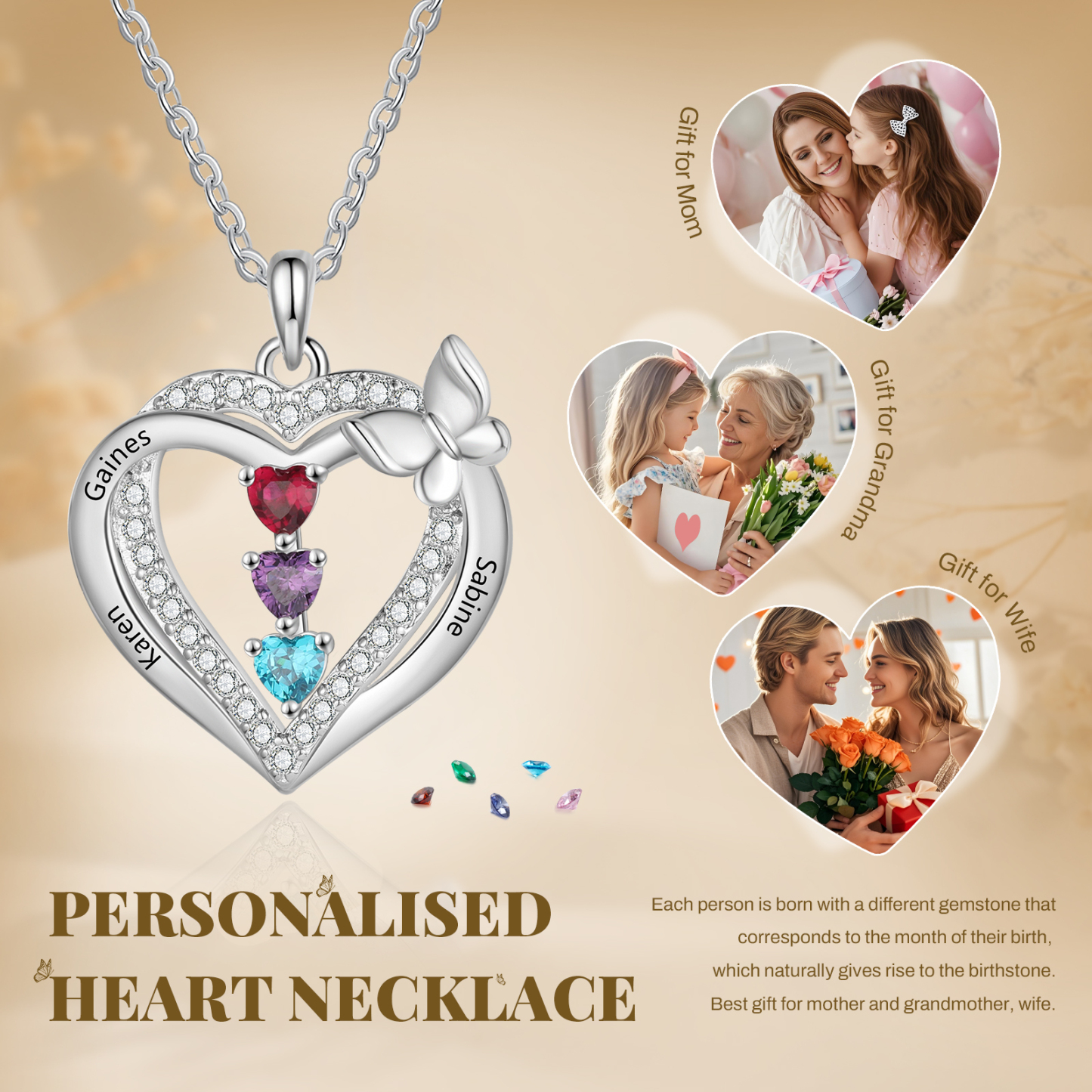 Personalised 1-3 Names Butterfly Heart Birthstone Necklace