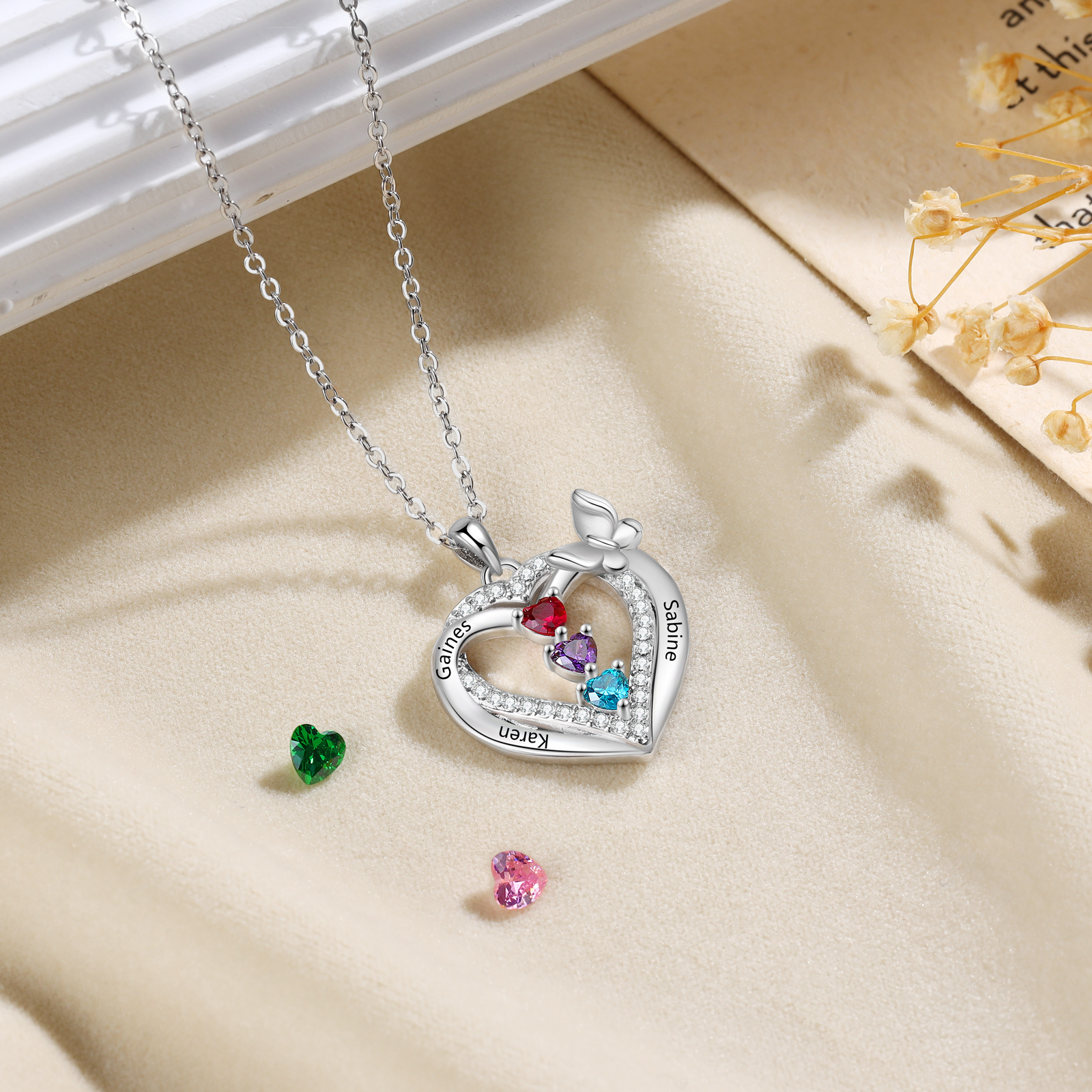 Personalised 1-3 Names Butterfly Heart Birthstone Necklace