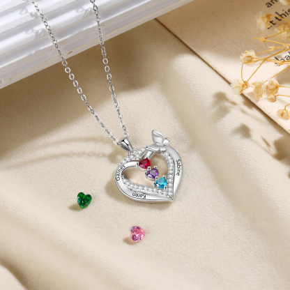 Personalised 1-3 Names Butterfly Heart Birthstone Necklace