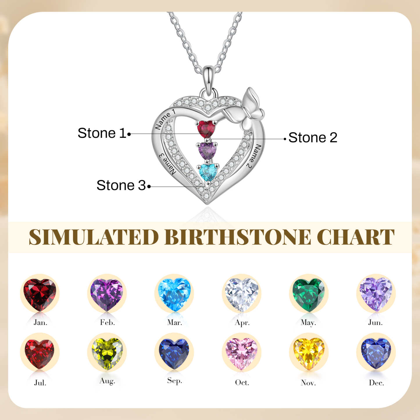 Personalised 1-3 Names Butterfly Heart Birthstone Necklace