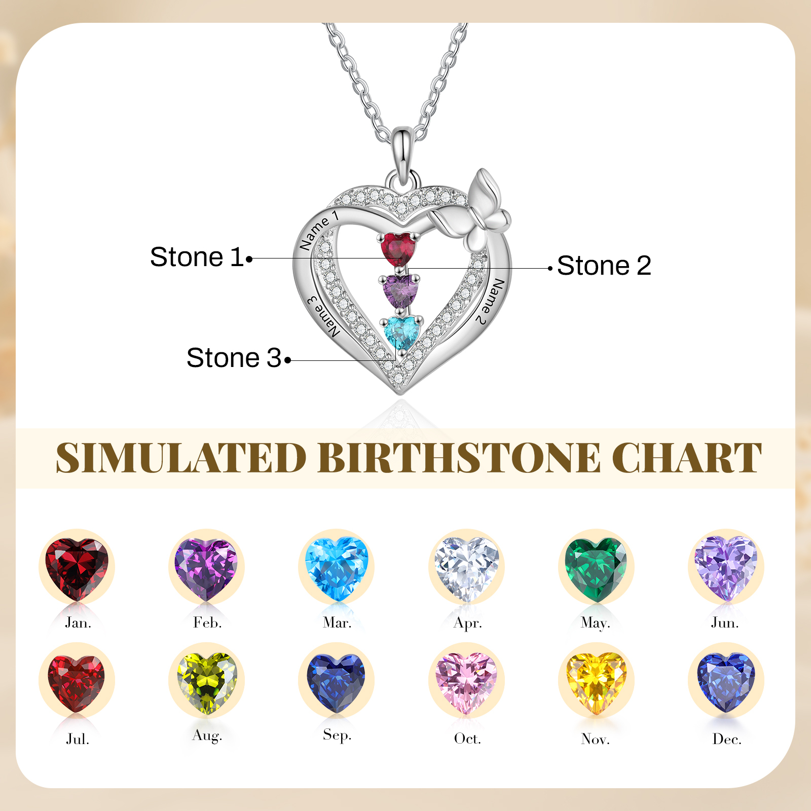 Personalised 1-3 Names Butterfly Heart Birthstone Necklace