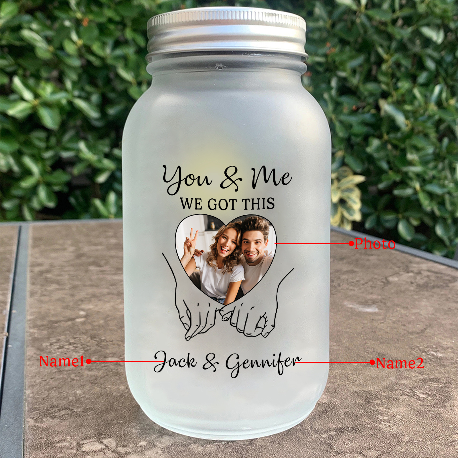 Personalised Solar Light Bottle with Photo Mason Jar for Couples