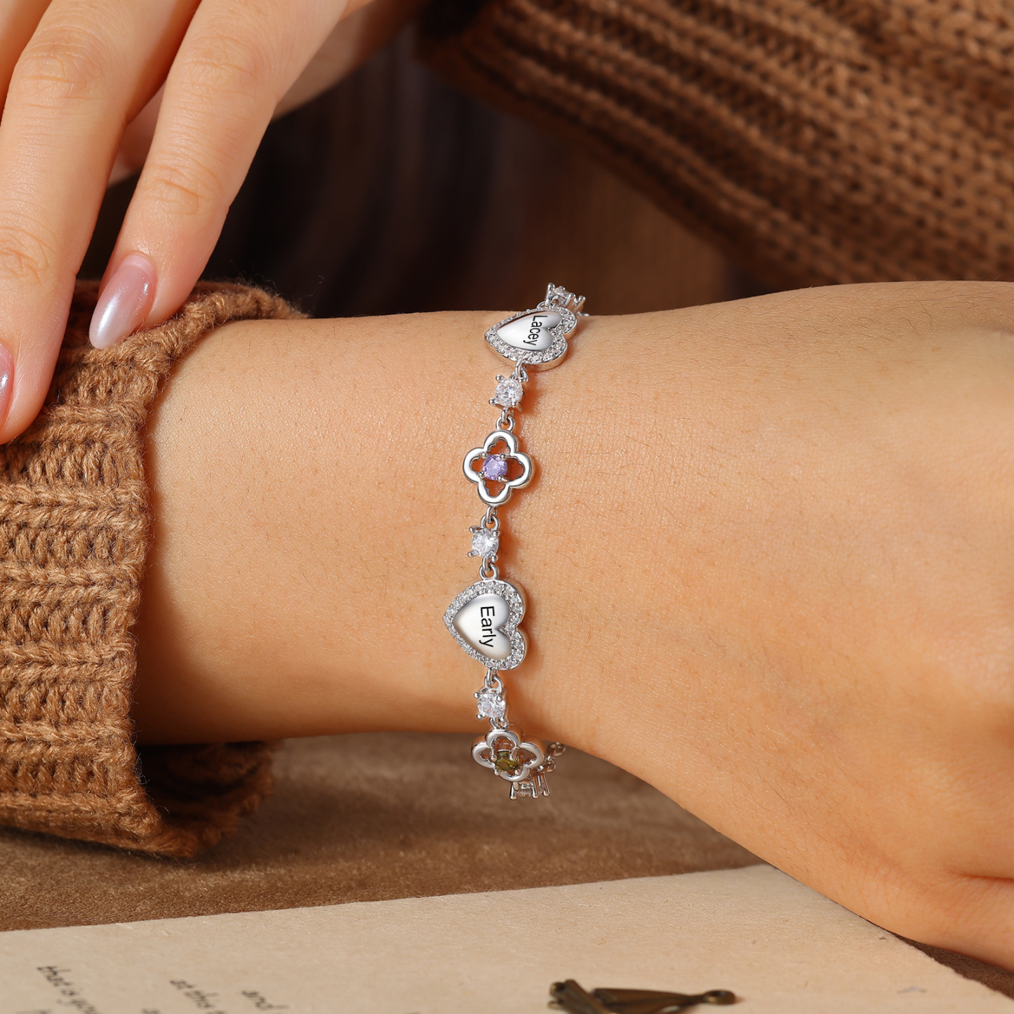 Personalised Birthstone Bracelet with Heart and Flowers, Customised with 2–5 Names and Stones