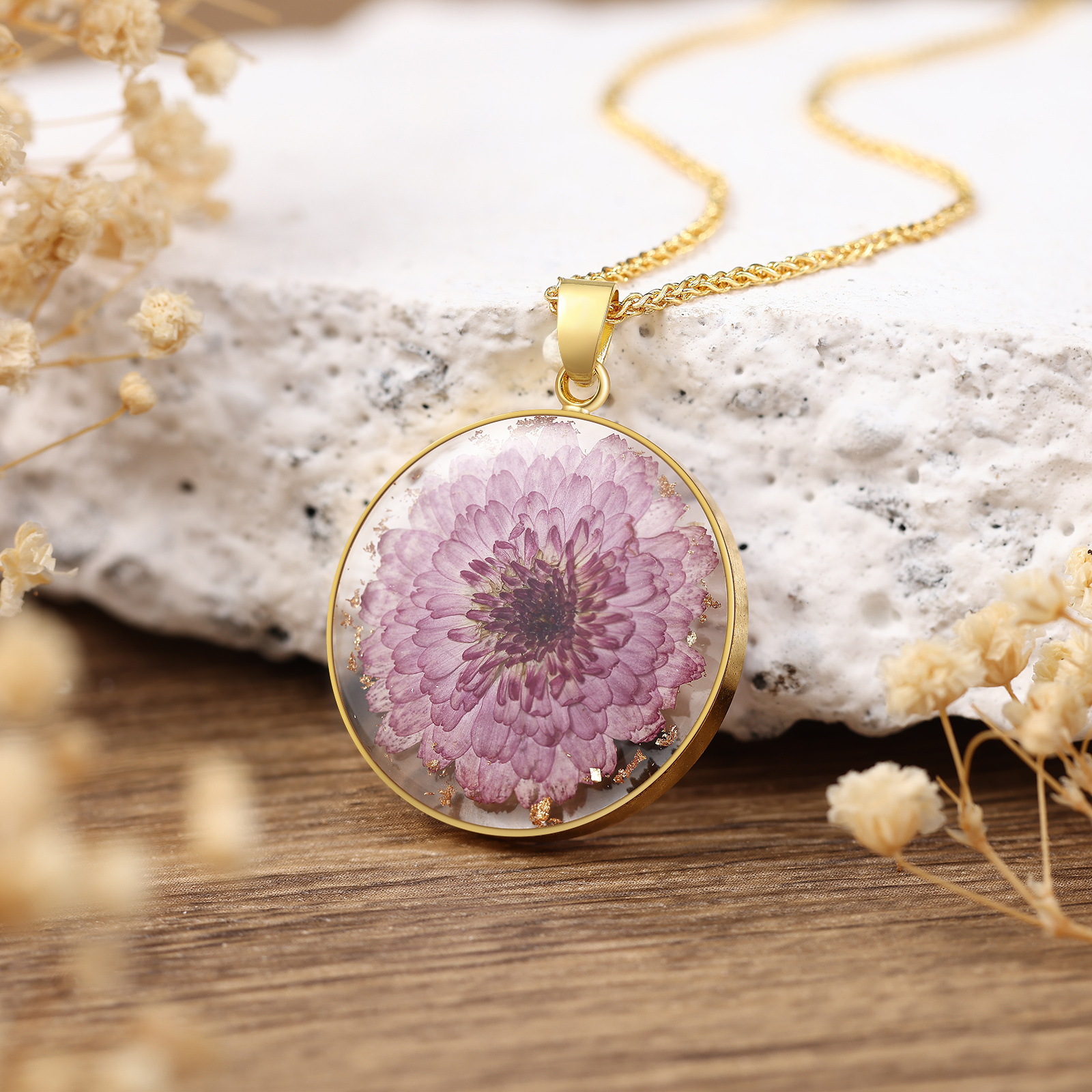 Personalised Gold Botanical Birth Flower Resin Pendant Necklace