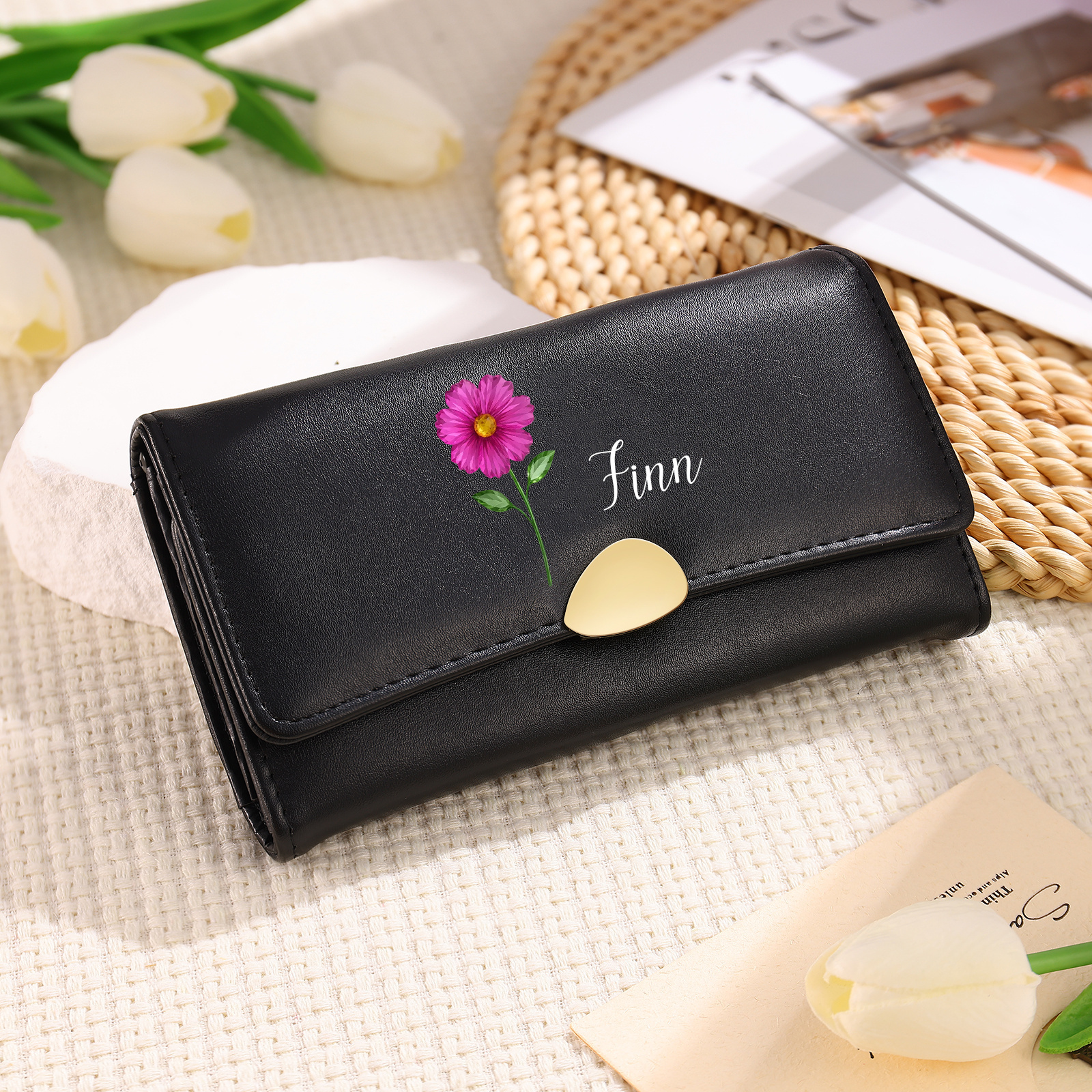 Personalised Long Women’s Leather Wallet with Birth Flower and Name