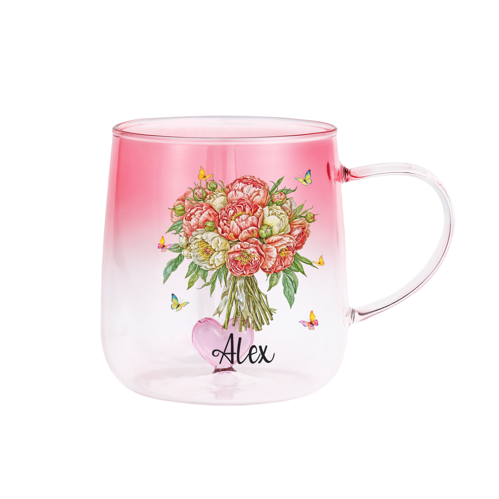 Personalised Name Birth Flower Ombre Pink Glass Mug