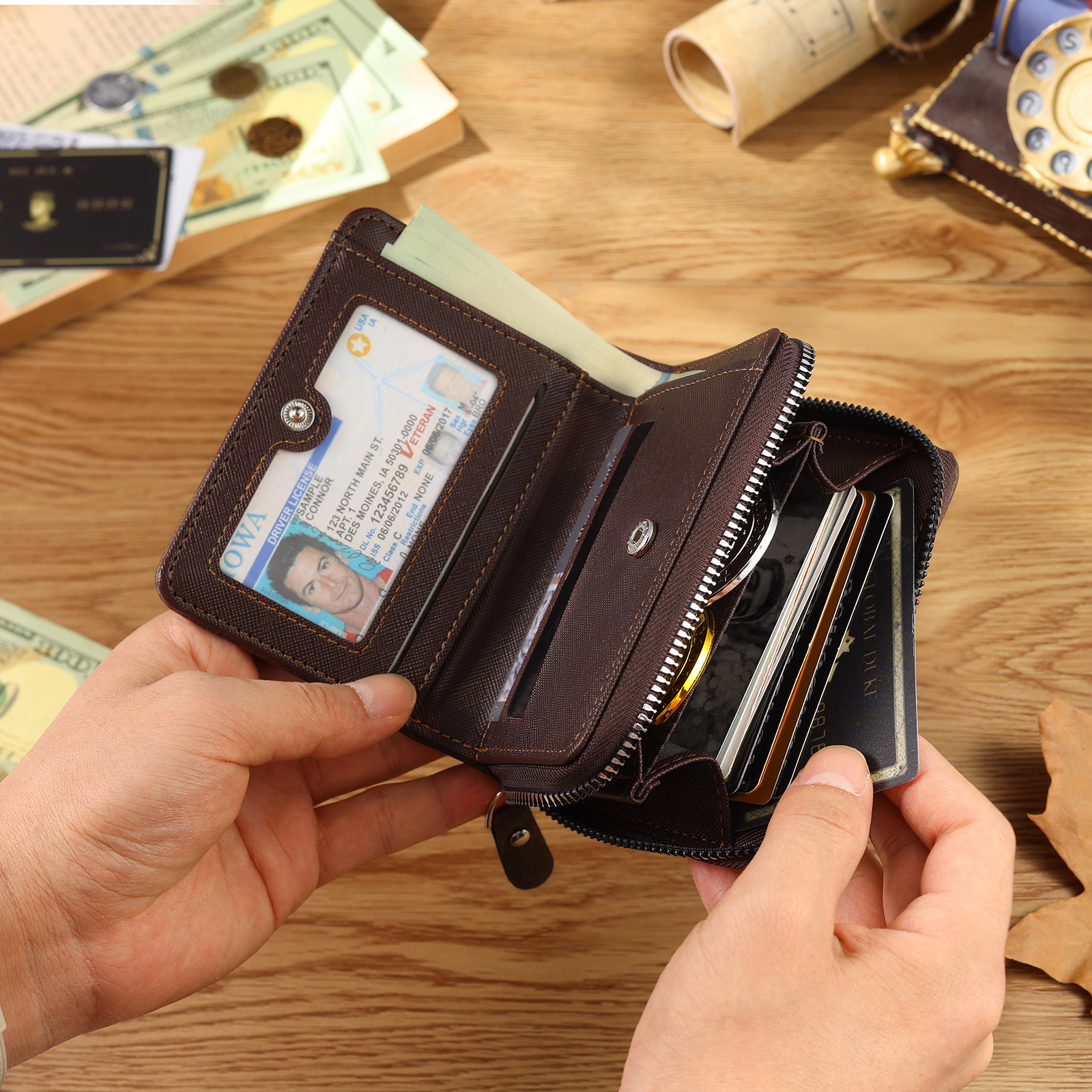 Personalised vintage men's wallet, zipped – photo engraved with name and initials