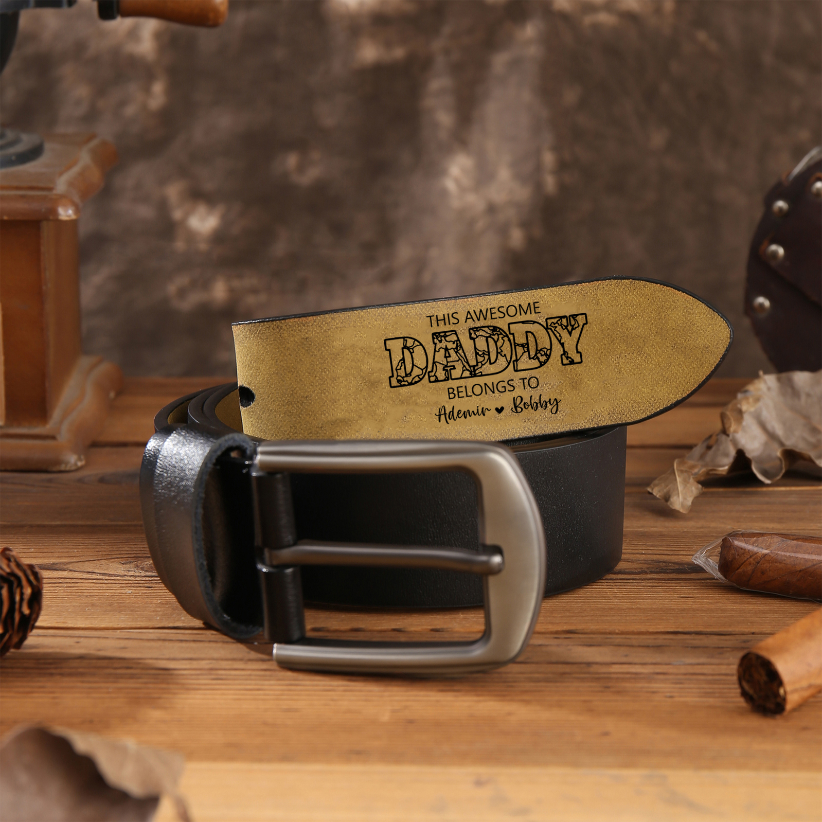 Personalised Leather Belt with 2-7 Names and 1 Letter "This awesome daddy belongs to "| Father’s Day Gift | Jessemade