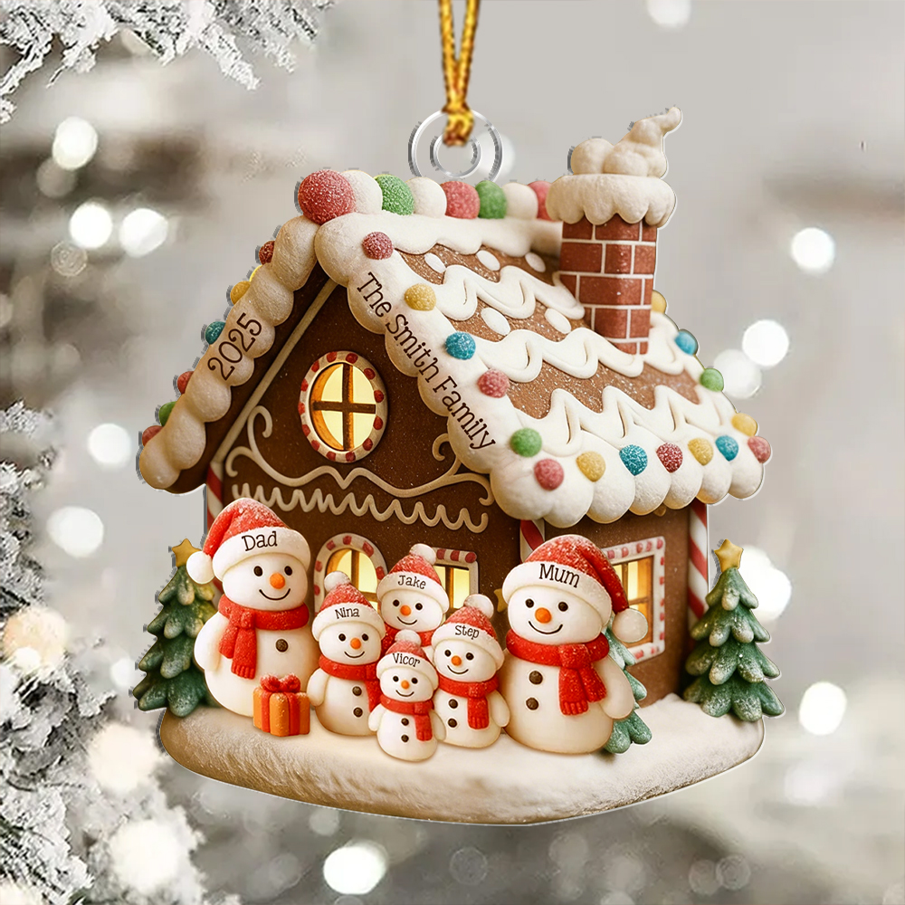 Personalised family Christmas tree decoration, gingerbread house and snowman, with 1 to 6 names
