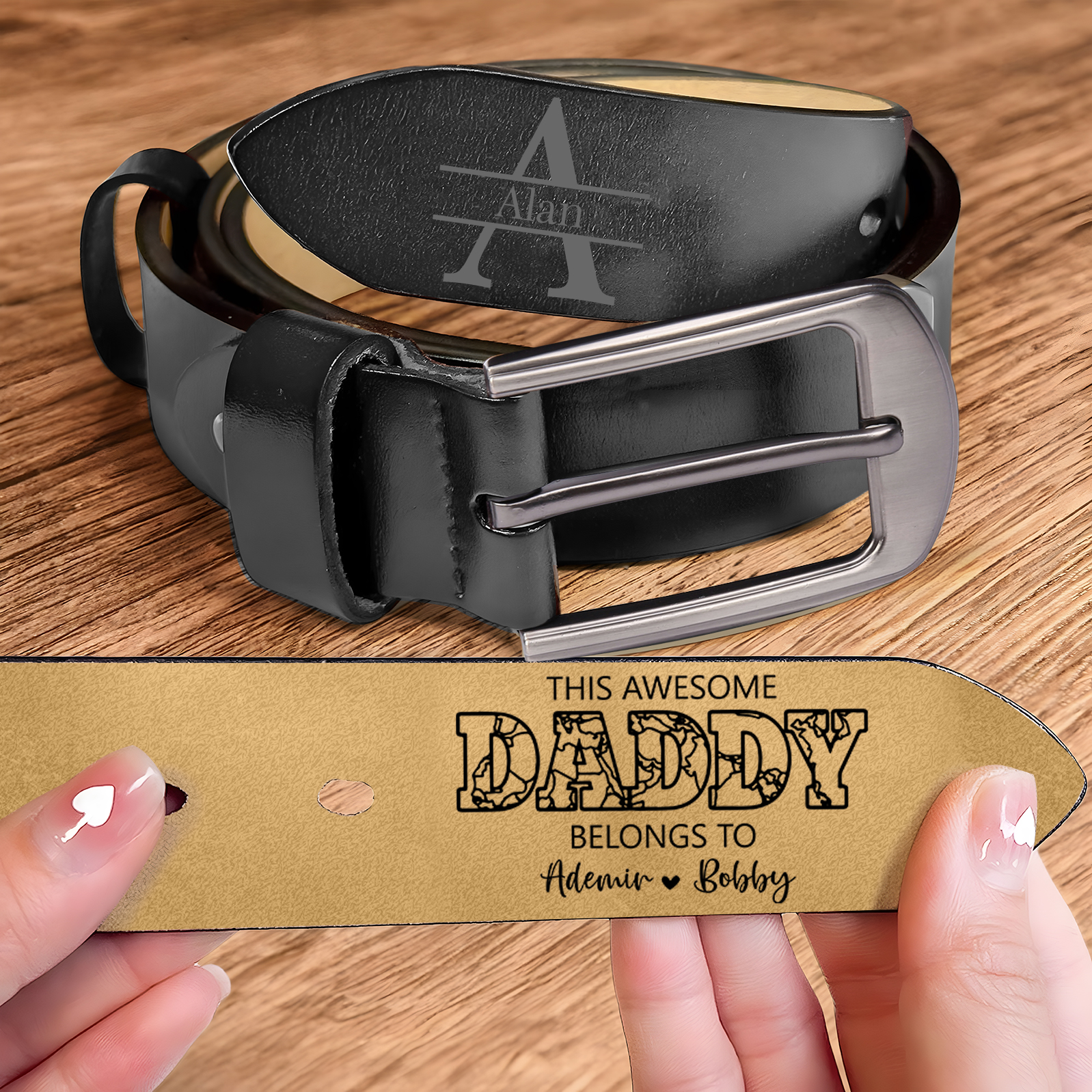 Personalised Leather Belt with 2-7 Names and 1 Letter "This awesome daddy belongs to "| Father’s Day Gift | Jessemade