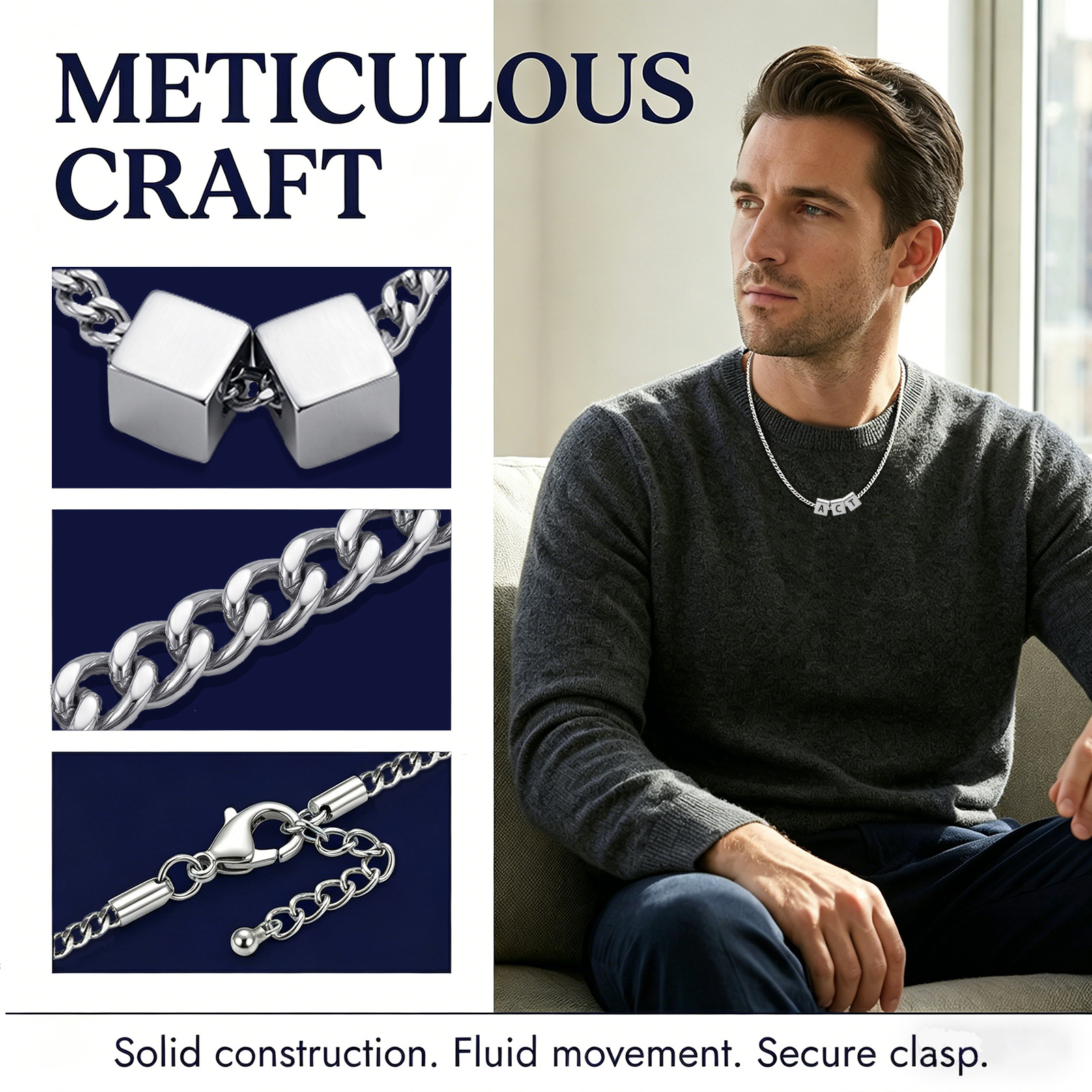 Personalised Stainless Steel Cube Letter Necklace For Men