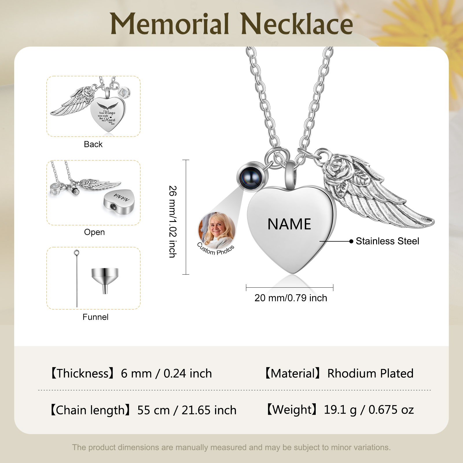 Personalised Memorial Heart Necklace with Angel Wing